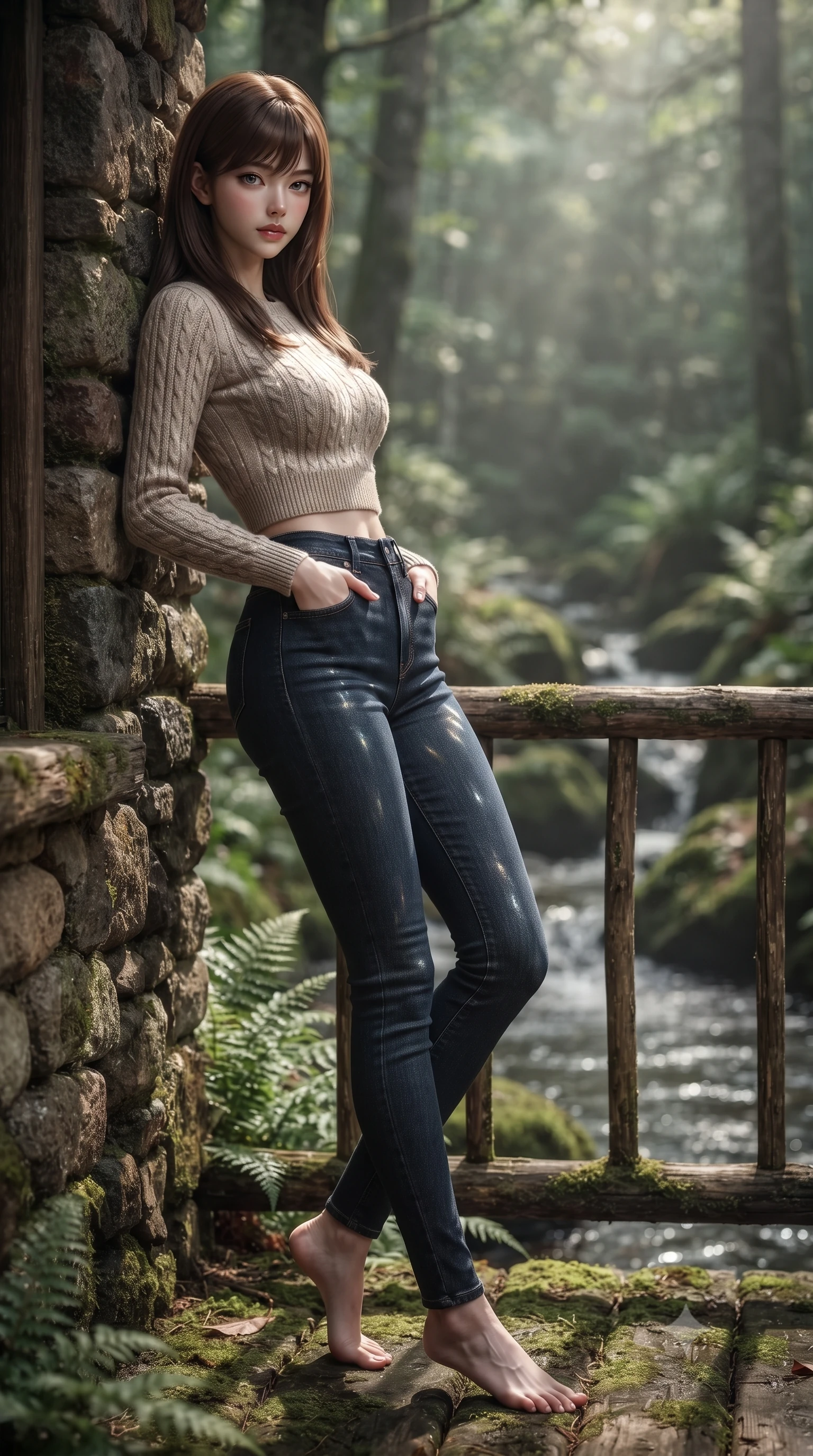 score_9, masterpiece, best quality, ultra-detailed, high-budget anime keyframe, editorial fashion photography, tasteful artistic composition, Korean woman. low angle full-body shot from head to toe showing her feet, filling the entire 9:16 vertical frame with her statuesque presence, stretching her vertical silhouette. leaning back against a rustic stone wall, casting a slow, alluring gaze at the camera the background shows a soft-focus a secluded forest stream cabin porch next to wild ferns and mossy rocks. She has an absolutely perfect, statuesque 8.5-heads proportion, an exceptionally tall and slender model-like female figure with impossibly long slender legs and an ultra-slim waist. sharp v-shaped jawline, high-bridge nose, intricate jewel-like eyes with depth, thick eyelashes, glossy lips with a natural sheen. wearing a tailored tight-fitting crop sweater in oatmeal wool, paired with high-waisted form-fitting pants. dappled sunbeams reflecting off the moving water surface onto her form. ultra-reflective glossy finish, specular highlights, metallic sheen, high-contrast stereoscopic depth, volumetric dynamic lighting, 2k, ultra detail, master piece, 9:16 ratio