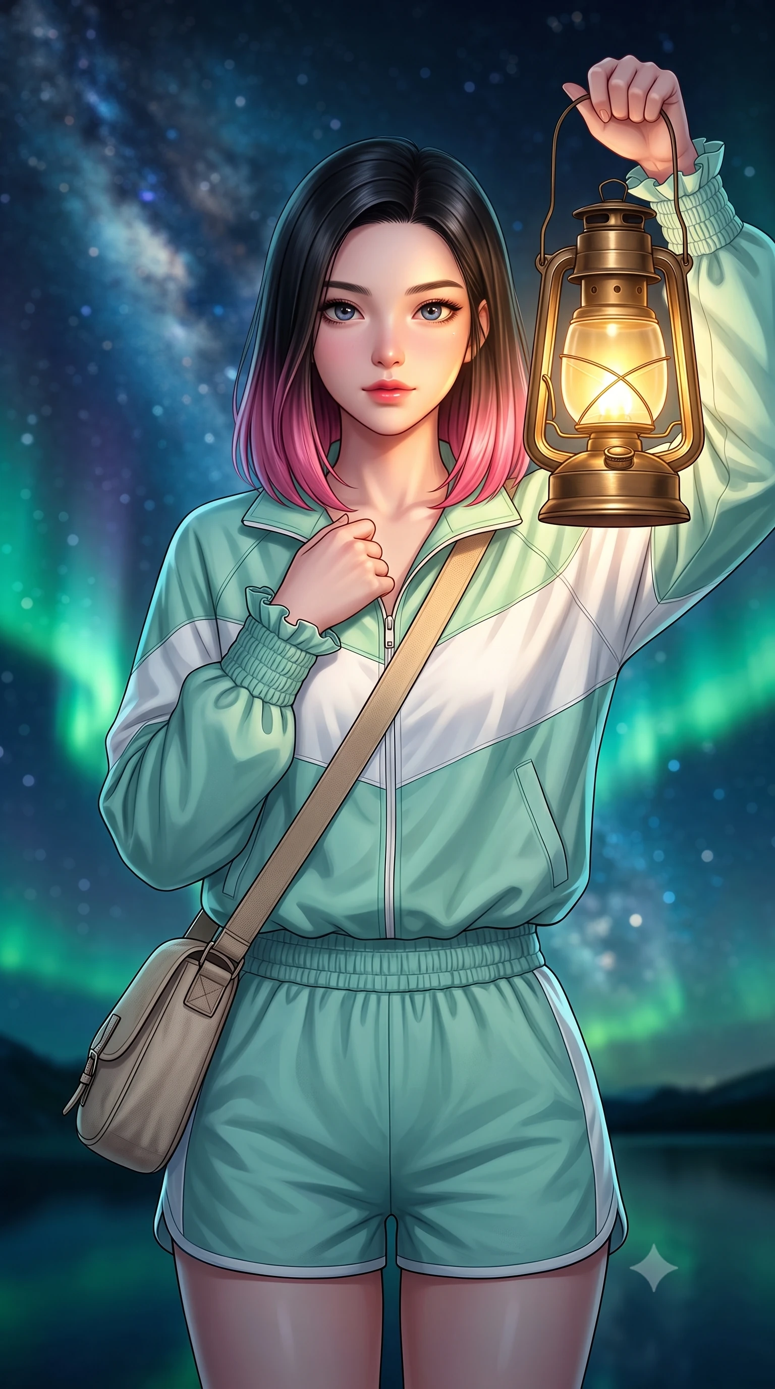 score_9, masterpiece, best quality, ultra-detailed, high-budget anime keyframe, semi-realistic 3D game render, editorial fashion photography, tasteful artistic composition, Korean woman. close-up cowboy shot from the waist and thighs up, the character dominates the composition, filling the frame with her large presence. holding her hands loosely near her heart with an enchanting, affectionate gaze looking directly into the lens while holding a vintage brass camping lantern that casts a warm, golden glow across her sweet, radiant face. The composition keeps background elements in soft focus with creamy bokeh. dazzling Milky Way star clusters and dancing emerald aurora ribbons blurred into deep indigo, teal, and celestial bokeh. She has an exceptionally elegant, slender, and willowy female figure with an ultra-slim waist, a gracefully sculpted slender torso, toned flat midriff, and a refined slim silhouette. sharp v-shaped jawline, high-bridge nose, intricate jewel-like eyes with depth, thick eyelashes, glossy lips with a natural sheen, pure and lovely fresh girlhood expression, flawlessly proportioned anatomical accuracy, strict slender model proportions, natural body alignment, perfectly sculpted long slender limbs, ultra-slim waistline, clean dynamic posture without body distortion. wearing a cute sporty pastel windbreaker paired with high-waisted active shorts and a canvas crossbody bag in refreshing mint green and crisp sea-salt white, crafted from soft breathable linen that flutters gently in the breeze, accented with soft smocked elastic details and ruffled cuff trims, the relaxed yet flattering fit accentuating her naturally graceful and slender figure, highlighting her youthful charm and lovely silhouette. bathed in dancing emerald and violet aurora glow combined with warm golden brass lantern uplights. highly saturated vibrant anime colors, detailed shading with soft gradients, rich glossy textures, high-contrast stereoscopic depth, volumetric dynamic lighting, master piece, 9:16 ratio