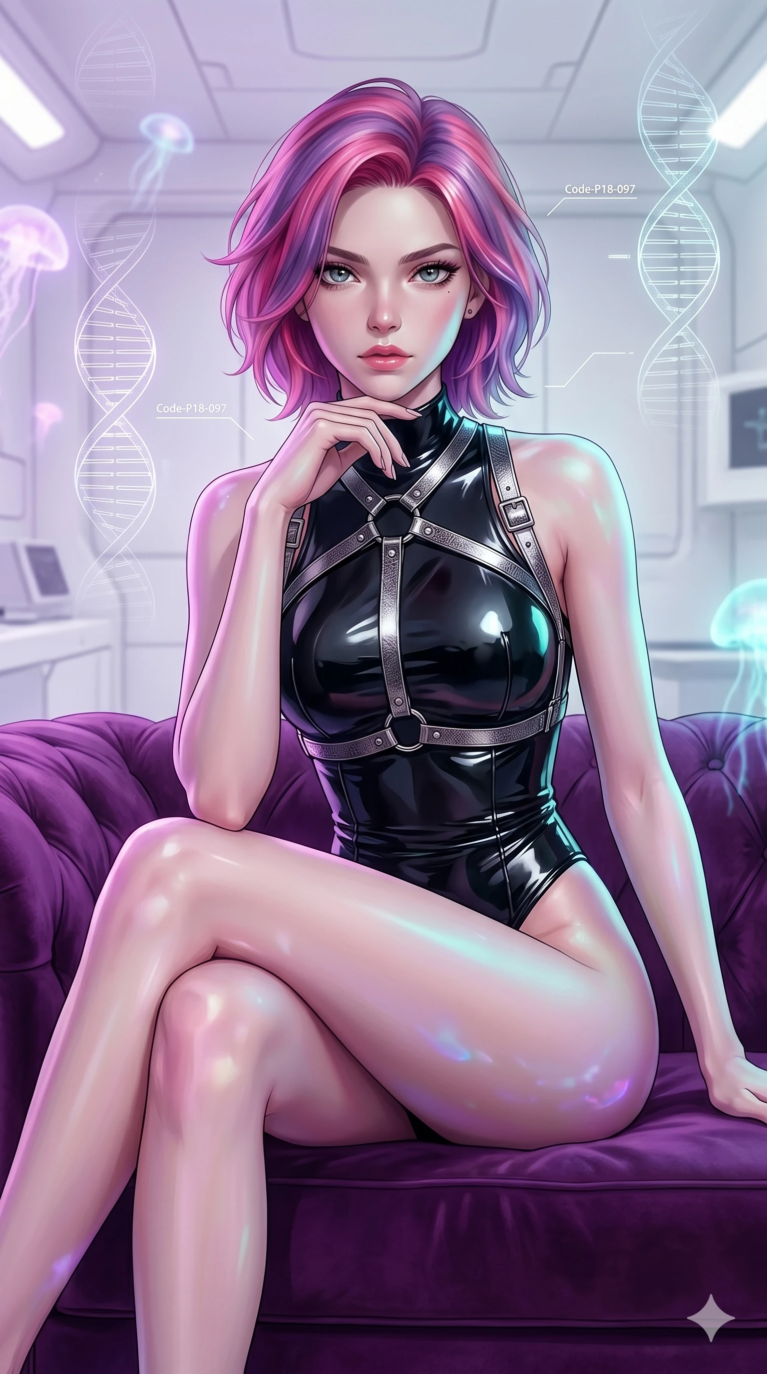 score_9, masterpiece, best quality, ultra-detailed, high-budget anime keyframe, editorial fashion photography, tasteful artistic composition, Caucasian woman, strictly human ears. cowboy shot from the thighs up, character and outfit filling the frame for maximum editorial presence. sitting on a velvet sofa, resting her chin on her fingers, looking directly into the lens in a pristine white laboratory with floating holographic DNA helix lines (Code-P18-097). She has an absolutely perfect 8-heads proportion, an exceptionally tall and slender female figure with impossibly long slender legs and an ultra-slim waist. V-shaped jawline, high-bridge nose, intricate jewel-like eyes with depth, thick eyelashes, glossy lips with a natural sheen. wearing a wet-look bodysuit with high-cut lines and an elegant harness. soft purple and cyan light from the floating organisms, casting a magical aura on her. 2k, ultra detail, master piece, 9:16 ratio