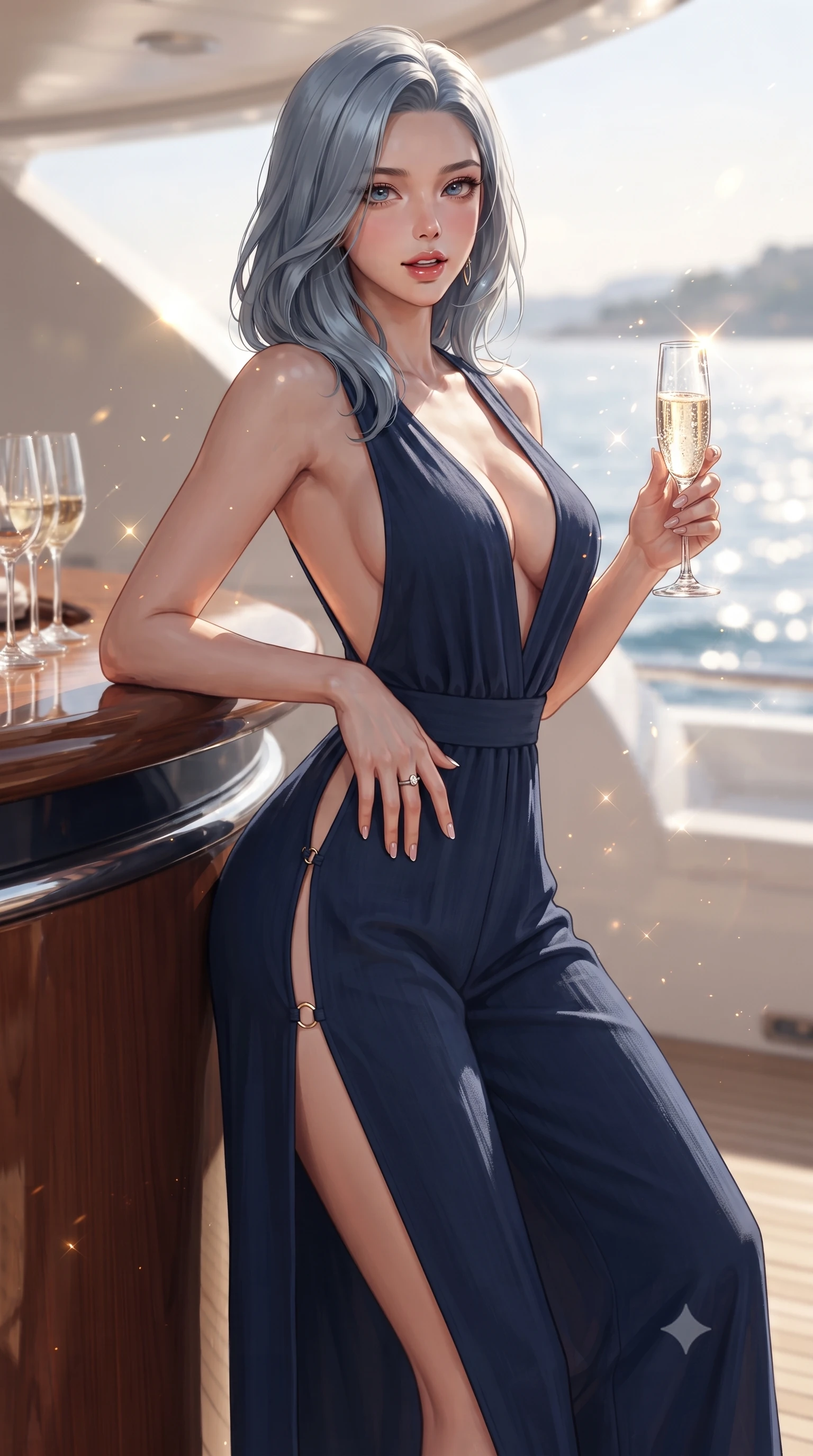 score_9, masterpiece, best quality, ultra-detailed, high-budget anime keyframe, editorial fashion photography, tasteful artistic composition, Korean woman. close-up cowboy shot from the waist and thighs up, the character dominates the composition, filling the frame with her large presence. resting one manicured hand delicately on her hip bone, her upper body turning in a fluid, seductive S-curve while parted lips glisten in the light while leaning against the yacht's outdoor bar with hips shifted to one side, holding a champagne flute while locking smoldering eyes with the viewer. The composition keeps background elements in soft focus with creamy bokeh. sunlight sparkle on ocean crests and champagne fizz scattering warm radiant light motes. She has an exceptionally elegant, slender, and willowy female figure with an ultra-slim waist, a gracefully sculpted slender torso, toned flat midriff, and rounded feminine hips creating an alluring hourglass silhouette. sharp v-shaped jawline, high-bridge nose, intricate jewel-like eyes with depth, thick eyelashes, glossy parted lips with a natural sheen, intensely captivating and seductive bedroom-eyes expression, flawlessly proportioned anatomical accuracy, strict slender model proportions, natural body alignment, perfectly sculpted long slender limbs, ultra-slim waistline, clean dynamic posture without body distortion. wearing a plunging-V neckline resort jumpsuit with an open back and wide palazzo legs in deep nautical navy blue and liquid gold, crafted from breathable crinkled linen and lightweight modal knit, finished with an ultra-high side slit secured by miniature gold nautical rings, the form-contouring material adhering flawlessly to her sculpted flat midriff and slender torso, emphasizing her long leg lines and perfectly proportioned willowy build. illuminated by glowing specular sun glints defining her sculpted collarbones, ultra-slim waist, and curvy hips. ultra-reflective glossy finish, specular highlights, rich textural contrasts, high-contrast stereoscopic depth, volumetric dynamic lighting, 2k, ultra detail, master piece, 9:16 ratio