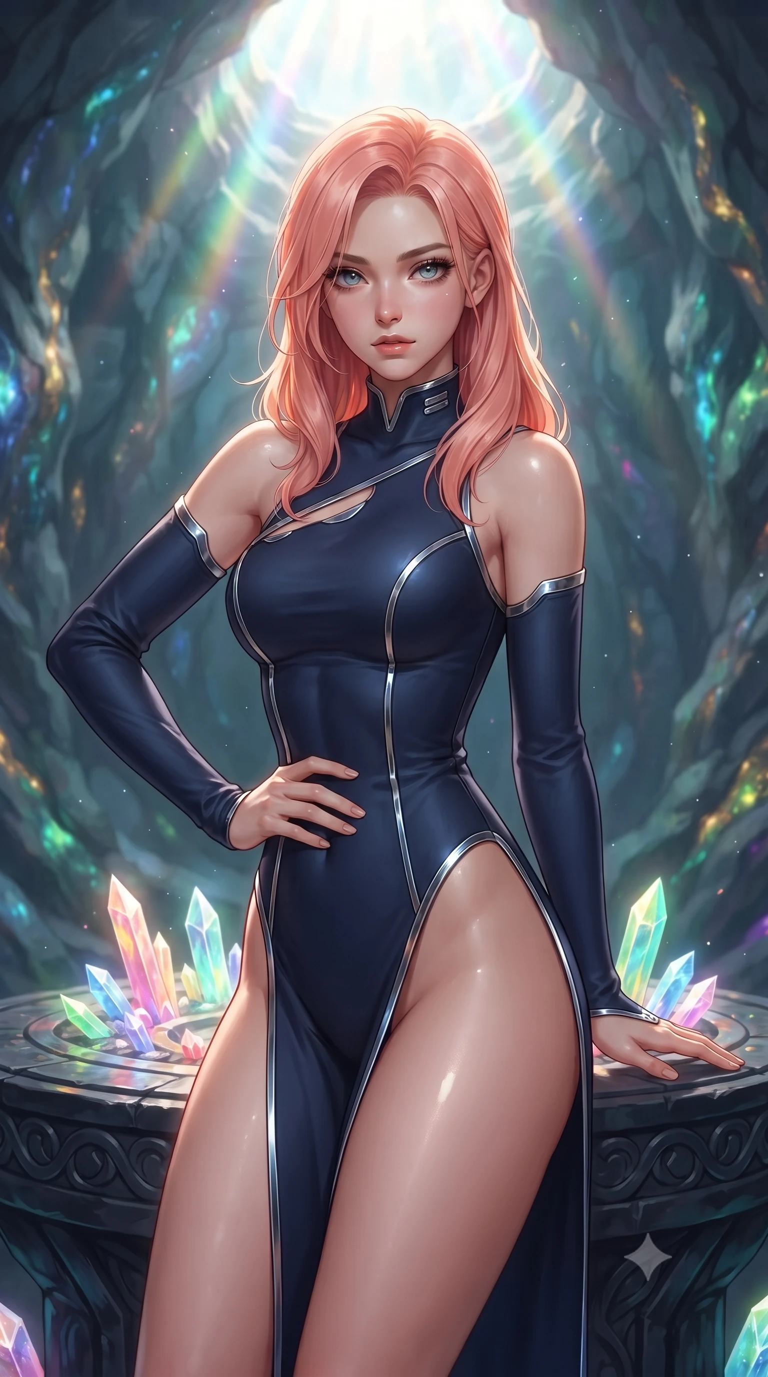 score_9, masterpiece, best quality, ultra-detailed, high-budget anime keyframe, editorial fashion photography, tasteful artistic composition, Japanese woman. close-up cowboy shot from the waist and thighs up, the character dominates the composition, filling the frame with her large presence, background elements kept in soft focus. Holding a confident power pose with one hand on her hip, gazing directly into the camera with quiet intensity resting on a carved obsidian altar surrounded by radiant crystal shards, bioluminescent opal veins pulsing softly in the surrounding stone walls. She has an exceptionally elegant, slender, and willowy female figure with an ultra-slim waist, a gracefully sculpted slender torso, and a refined silhouette. sharp v-shaped jawline, high-bridge nose, intricate jewel-like eyes with depth, thick eyelashes, glossy lips with a natural sheen. wearing an asymmetrical high-cut tech-bodysuit with detached sleeves in midnight navy blue and chrome trim, formed from sleek second-skin neoprene, finished with a sleek side slit ascending to mid-thigh, the tailored fabric tightly following every curve of her athletic build. bathed in brilliant prismatic light filtering from a natural cavern skylight. ultra-reflective glossy finish, specular highlights, metallic sheen, high-contrast stereoscopic depth, volumetric dynamic lighting, 2k, ultra detail, master piece, 9:16 ratio