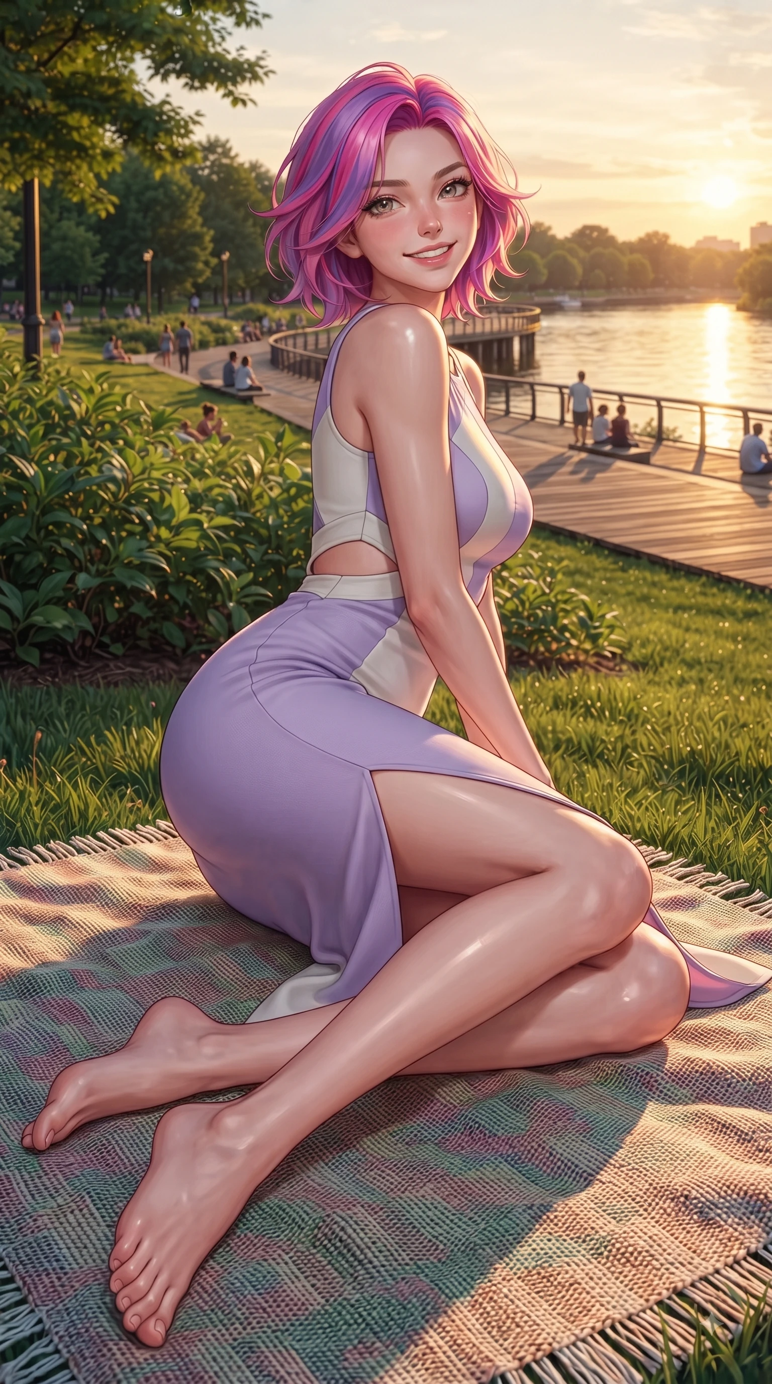 score_9, masterpiece, best quality, ultra-detailed, high-budget anime keyframe, editorial fashion photography, tasteful artistic composition, Caucasian woman. low angle full-body shot from head to toe showing her feet, filling the entire 9:16 vertical frame with her statuesque presence, stretching her vertical silhouette. performing a cheerful mid-motion turn with flawless poise, her radiant smile capturing fresh girlhood energy while sitting gracefully on a picnic mat on a green riverfront park lawn during golden hour. The surrounding environment is rendered in vivid detail and crisp panoramic clarity. lush picnic mat setups, park foliage, and wooden promenade planks rendered in deep focus. She has an absolutely perfect, statuesque 8.5-heads proportion, an exceptionally tall and slender model-like female figure with impossibly long slender legs and an ultra-slim waist. sharp v-shaped jawline, high-bridge nose, intricate jewel-like eyes with depth, thick eyelashes, glossy lips with a natural sheen, flawlessly proportioned anatomical accuracy, natural body alignment, perfectly sculpted elegant limbs, clean dynamic posture without body distortion. wearing a form-contouring bodycon dress featuring subtle strategic side waist cutouts in soft lavender violet and pearl white, tailored from fine wool crepe with clean lines, featuring a sleek side leg slit ascending to mid-thigh, the sleek second-skin texture accentuating her magnetic presence. surrounded by a serene, uplifting, and romantic park ambiance. ultra-reflective glossy finish, specular highlights, metallic sheen, high-contrast stereoscopic depth, volumetric dynamic lighting, 2k, ultra detail, master piece, 9:16 ratio