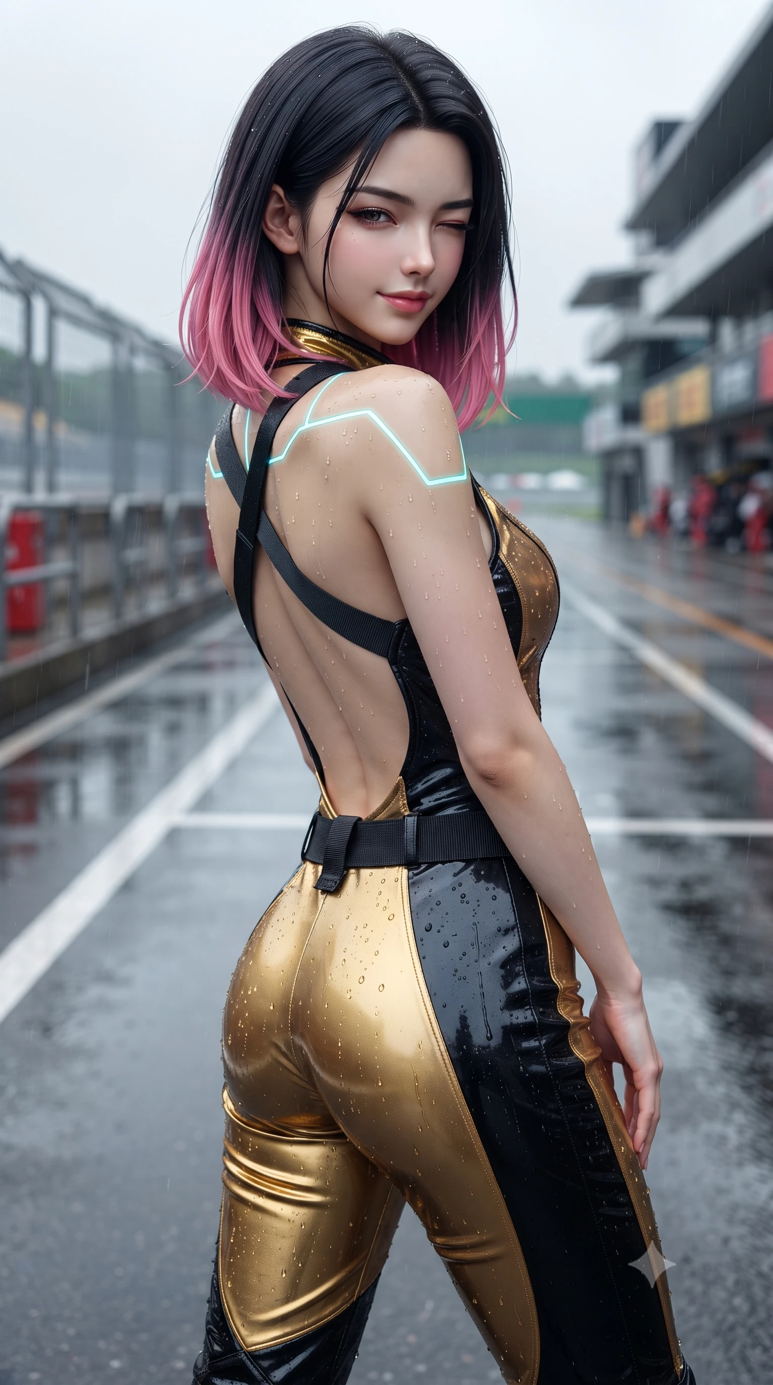 score_9, masterpiece, best quality, ultra-detailed, high-budget anime keyframe, editorial fashion photography, tasteful artistic composition, Korean woman. close-up cowboy shot from the waist and thighs up, the character dominates the composition, filling the frame with her large presence. leaning back with relaxed seductive grace, her sculpted collarbones highlighted by light, casting smoldering bedroom-eyes directly into the lens while pivoting sharply with supermodel momentum on the wet tarmac, a playful wink breaking across her radiant face. The surrounding environment is rendered in vivid detail and crisp panoramic clarity. crisp starting grid painted lines, rain droplet beads on leather jacket, and circuit fencing in deep focus. She has an exceptionally elegant, slender, and willowy female figure with an ultra-slim waist, a gracefully sculpted slender torso, toned flat midriff, and a refined slim silhouette. sharp v-shaped jawline, high-bridge nose, intricate jewel-like eyes with depth, thick eyelashes, glossy parted lips with a natural sheen, intensely captivating and seductive expression, flawlessly proportioned anatomical accuracy, strict slender model proportions, natural body alignment, perfectly sculpted long slender limbs, ultra-slim waistline, clean dynamic posture without body distortion. wearing a daring open-back racing jumpsuit with crossed elastic suspension straps and form-hugging fit in metallic liquid gold and obsidian black, crafted from flexible reflective spandex and heavy tactical webbing, finished with glowing cyan circuit lines tracing her collarbones and shoulders, the athletic second-skin cut highlighting her toned flat midriff and slender model proportions during dynamic action. illuminated by crisp directional rim lighting sharply defining her razor-sharp jawline and feminine curves. ultra-reflective glossy finish, specular highlights, rich textural contrasts, high-contrast stereoscopic depth, volumetric dynamic lighting, 2k, ultra detail, master piece, 9:16 ratio
