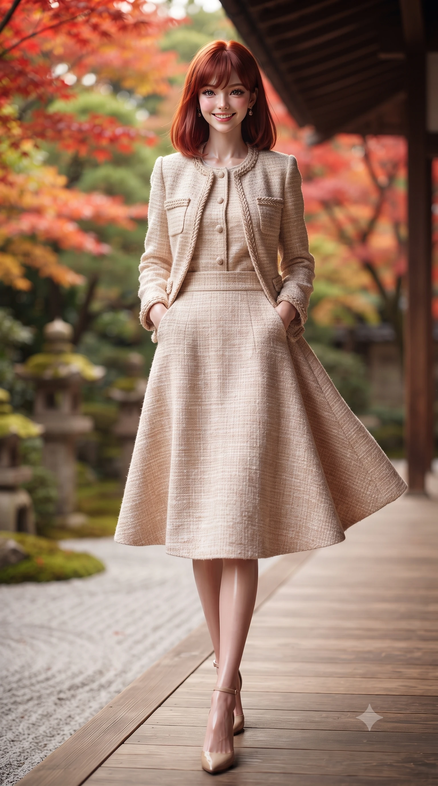 score_9, masterpiece, best quality, ultra-detailed, high-budget anime keyframe, editorial fashion photography, tasteful artistic composition, Caucasian woman. low angle full-body shot from head to toe showing her feet, filling the entire 9:16 vertical frame with her statuesque presence, stretching her vertical silhouette. standing tall and centered in the frame with hands tucked into her coat pockets, radiating statuesque poise and calm warmth while walking along the exterior wooden gallery overlooking raked white gravel and flaming crimson maple leaves, her tailored coat flowing with poise. The background shows a soft-focus vibrant crimson and vermilion Japanese maple leaves, raked white gravel zen patterns, and mossy stone lanterns blurred into scarlet, amber, and moss green bokeh. She has an exceptionally tall and slender model-like 8.5-heads proportion, an ultra-slim waist, a flat toned midriff, narrow delicate ribcage, and beautifully sculpted feminine hips creating a graceful, slim hourglass silhouette without any bulky heaviness, with impossibly long slender legs. sharp v-shaped jawline, high-bridge nose, intricate jewel-like sparkling eyes with depth, thick eyelashes, glossy parted lips with a natural peach sheen, bright cheerful beaming smile with an enchanting and coquettish sensual glint, exuding both youthful cute charm and seductive allure, flawlessly proportioned anatomical accuracy, strict slender model proportions, natural body alignment, perfectly sculpted long slender limbs, ultra-slim waistline, clean dynamic posture without body distortion. wearing a collarless pastel bouclé tweed jacket with braided trims paired with a coordinating high-waisted A-line midi skirt in soft champagne ivory and warm biscuit beige, tailored from heritage British Harris Tweed with rich multi-tonal yarn weave, featuring delicate tonal horn buttons and meticulous hand-stitched pick-lapel borders, the bespoke architectural tailoring hugging her natural waistline with sartorial precision, creating a clean graceful hourglass silhouette with tall model elegance. illuminated by white gravel garden bounce and warm vermilion-gold rim lights defining her delicate features, jawline, and graceful silhouette. ultra-reflective glossy finish, specular highlights, rich textural contrasts, high-contrast stereoscopic depth, volumetric dynamic lighting, 2k, ultra detail, master piece, 9:16 ratio