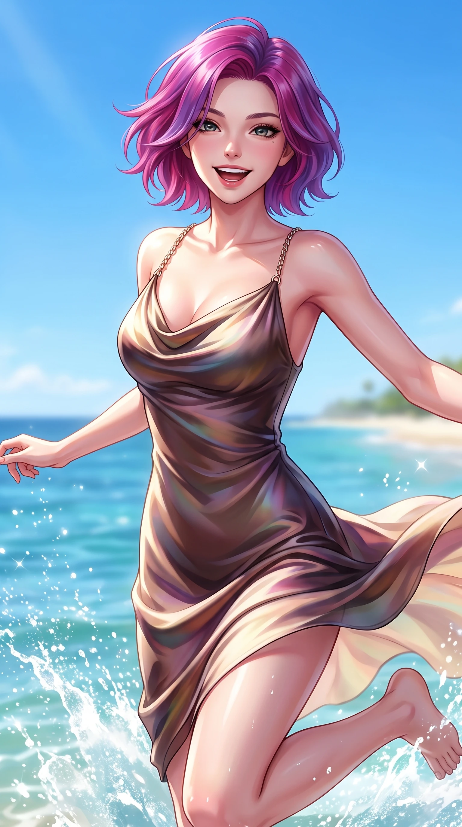 score_9, masterpiece, best quality, ultra-detailed, high-budget anime keyframe, editorial fashion photography, tasteful artistic composition, Caucasian woman. close-up cowboy shot from the waist and thighs up, the character dominates the composition, filling the frame with her large presence, background elements kept in soft focus. Cheerful beaming smile with parted lips, exuding pure enchanting charm while turning dynamically toward the camera while leaping with a radiant bright smile into the sparkling sea spray under a clear blue sky, warm tropical sea breeze fluttering lightweight linen garments in fluid joyful motions. She has an exceptionally elegant, slender, and willowy female figure with an ultra-slim waist, a gracefully sculpted slender torso, and a refined silhouette. sharp v-shaped jawline, high-bridge nose, intricate jewel-like eyes with depth, thick eyelashes, glossy lips with a natural sheen, flawlessly proportioned anatomical accuracy, natural body alignment, perfectly sculpted elegant limbs, clean dynamic posture without body distortion. wearing an elegant cowl-neck satin midi dress with a graceful draped neckline in espresso brown and warm cream, crafted from iridescent chiffon that shifts colors in the light, adorned with delicate metallic chain straps along the neckline, the tailored fabric tightly following every curve of her athletic build. bathed in brilliant tropical sunshine and glittering ocean water refractions. highly saturated vibrant anime colors, detailed shading with soft gradients, rich glossy textures, high-contrast stereoscopic depth, volumetric dynamic lighting, master piece, 9:16 ratio