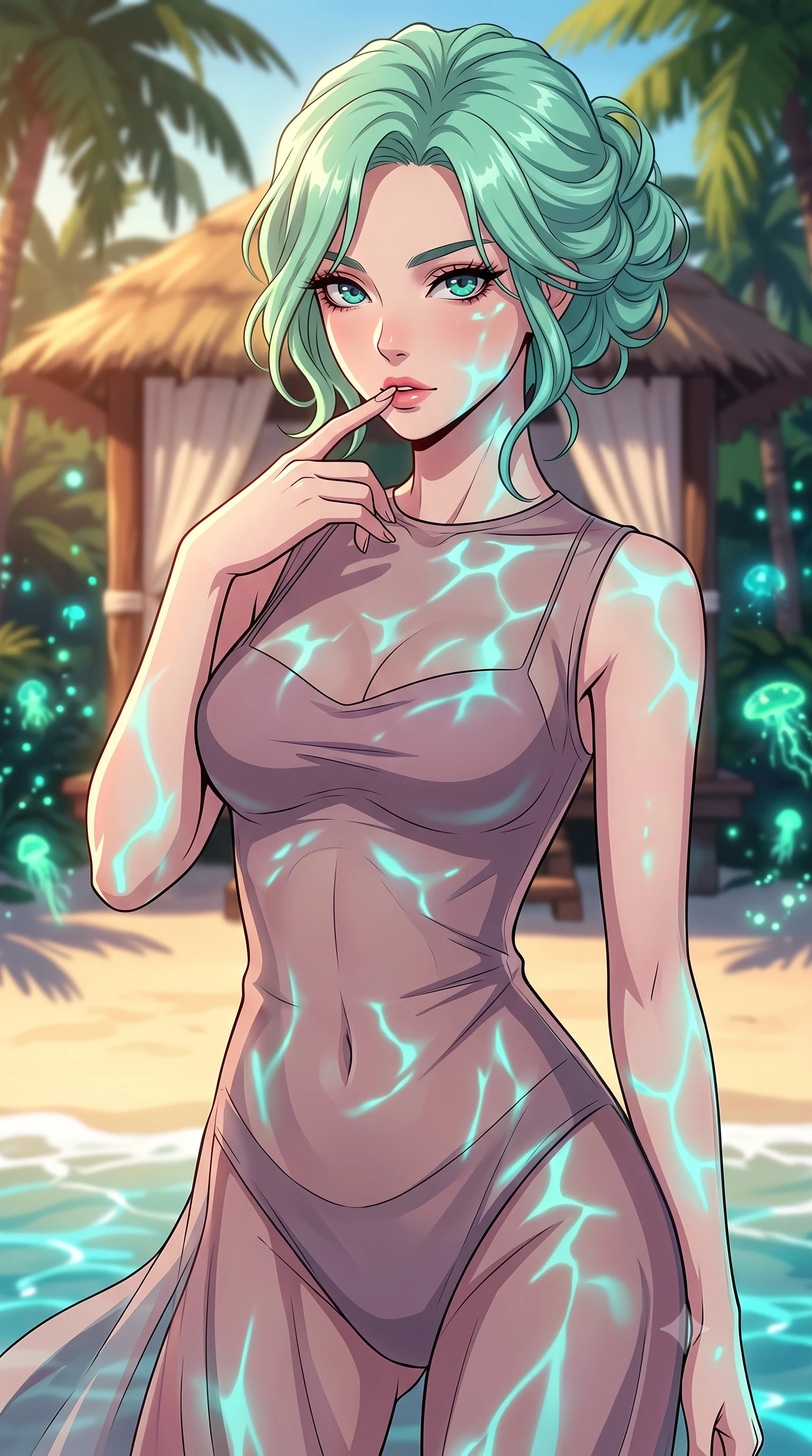 score_9, masterpiece, best quality, ultra-detailed, high-budget anime keyframe, tasteful artistic composition, Japanese woman. close-up cowboy shot from the waist and thighs up, the character dominates the composition, filling the frame with her large presence, background elements kept in soft focus. pressing one finger to her bottom lip in a thoughtful, seductive gesture under the warm sun the background shows a soft-focus a secluded beachside cabana surrounded by palm trees and glowing sea plankton. She has an exceptionally elegant, slender, and willowy female figure with an ultra-slim waist, a gracefully sculpted slender torso, and a refined silhouette. sharp v-shaped jawline, high-bridge nose, intricate jewel-like eyes with depth, thick eyelashes, glossy lips with a natural sheen. wearing a tailored sheer organza dress in dusty mauve, showing her slender torso and willowy silhouette. shifting turquoise light reflections from the water surface mapping across her features. highly saturated vibrant anime colors, cel-shading, 2d style, master piece, 9:16 ratio