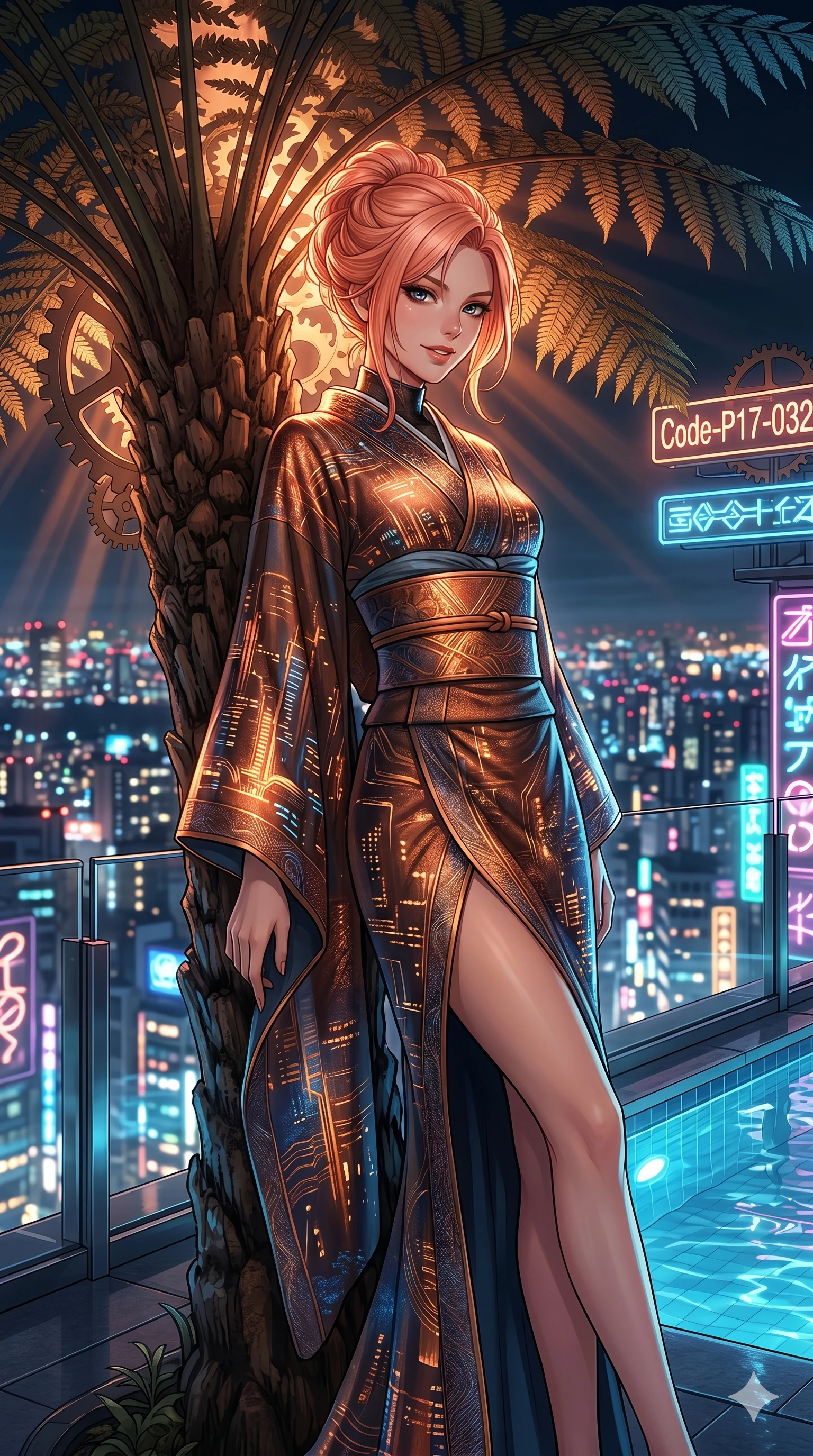 score_9, masterpiece, best quality, ultra-detailed, high-budget anime keyframe, editorial fashion photography, tasteful artistic composition, Japanese woman. cowboy shot from the thighs up, character and outfit filling the frame for maximum editorial presence. leaning back against a massive fern trunk, her lips parted slightly in a confident smile on a private rooftop pool terrace overlooking a neon city at night (Code-P17-032). She has an absolutely perfect 8-heads proportion, an exceptionally tall and slender female figure with impossibly long slender legs and an ultra-slim waist. V-shaped jawline, high-bridge nose, intricate jewel-like eyes with depth, thick eyelashes, glossy lips with a natural sheen. wearing a modern high-neck fusion kimono with long sleeves and a wide obi. amber and copper light rays refracting through the gears, creating deep dramatic shadows. 2k, ultra detail, master piece, 9:16 ratio