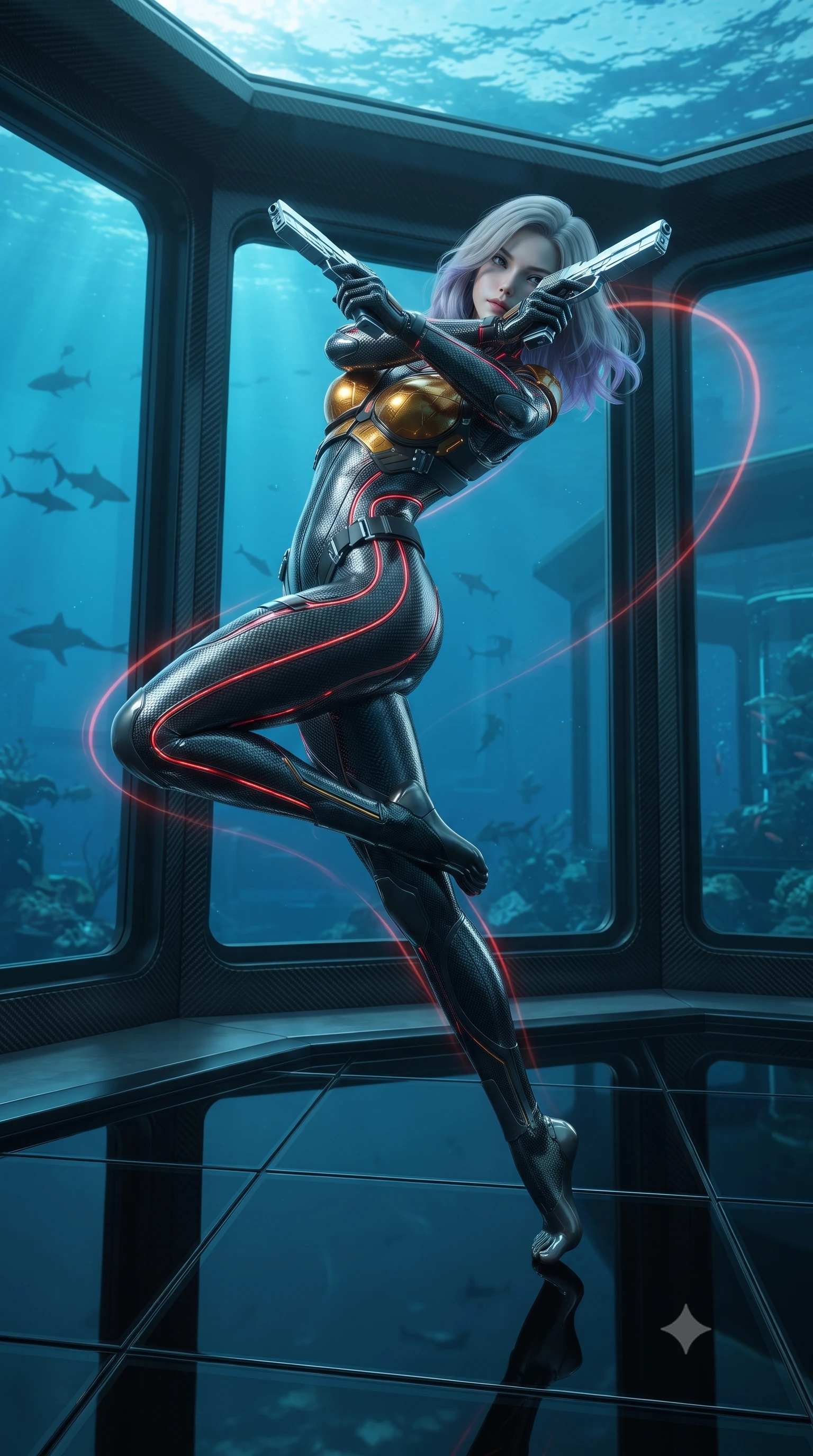 score_9, masterpiece, best quality, ultra-detailed, high-budget anime keyframe, editorial fashion photography, tasteful artistic composition, Caucasian woman. low angle full-body shot from head to toe showing her feet, filling the entire 9:16 vertical frame with her statuesque presence, stretching her vertical silhouette. arching her back gracefully in mid-air during a dynamic combat vault, her weapon energy trail framing her statuesque presence while landing gracefully on the black glass floor of a submerged underwater vault while crossing twin chrome particle pistols in tactical poise. The surrounding environment is rendered in vivid detail and crisp panoramic clarity. intricate carbon-fiber weave patterns, swimming sea-life silhouettes outside the glass, and floor tiles in high clarity. She has an absolutely perfect, statuesque 8.5-heads proportion, an exceptionally tall and slender model-like female figure with impossibly long slender legs, a toned flat midriff, and an ultra-slim waist. sharp v-shaped jawline, high-bridge nose, intricate jewel-like eyes with depth, thick eyelashes, glossy lips with a natural sheen, flawlessly proportioned anatomical accuracy, strict slender model proportions, natural body alignment, perfectly sculpted long slender limbs, ultra-slim waistline, clean dynamic posture without body distortion. wearing a second-skin dark gunmetal carbon-weave battle-suit with crimson laser conduits, brandishing a sleek high-tech composite submachine weapon with effortless allure in molten amber-gold carbon cuirass with dark titanium weave, made of lightweight aerodynamic carbon-titanium alloy with polished edge bevels, reinforced by a sleek titanium tactical harness and glowing micro-energy straps, the sleek second-skin cut tightly hugging her graceful clavicle, narrow waist, and feminine curves with athletic precision. illuminated by crisp white key light and sharp specular highlights tracing her slender curves. ultra-reflective glossy finish, specular highlights, dark metallic sheen, high-contrast stereoscopic depth, volumetric dynamic lighting, 2k, ultra detail, master piece, 9:16 ratio