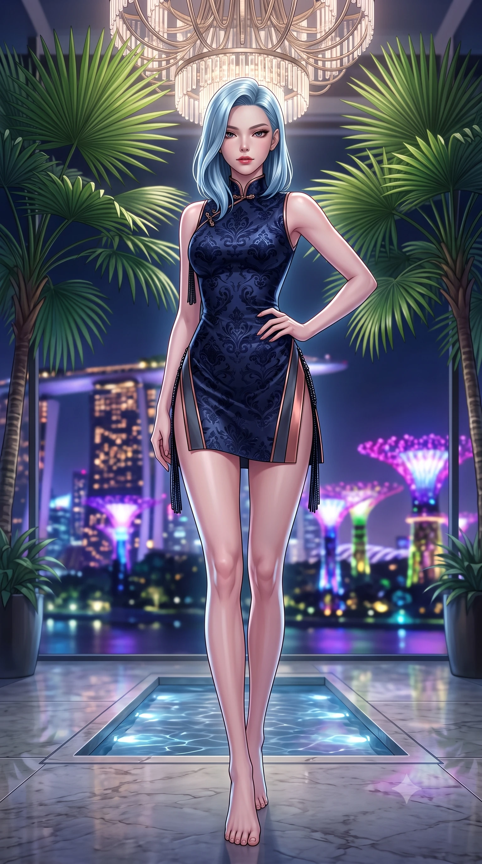score_9, masterpiece, best quality, ultra-detailed, high-budget anime keyframe, semi-realistic 3D game render, editorial fashion photography, tasteful artistic composition, Korean woman. low angle full-body shot from head to toe showing her feet, filling the entire 9:16 vertical frame with her statuesque presence, stretching her vertical silhouette. pausing mid-stride beneath the grand chandelier with one hand resting on her narrow waist, her arched hips and statuesque 8.5-heads presence commanding the 9:16 vertical frame while standing poised between towering tropical fan palms with hips cocked back, casting an enchanting bedroom-gaze over the midnight bay vista. The composition keeps background elements in soft focus with dreamy creamy bokeh. the futuristic Singapore skyline and Supertree Grove light sculptures blurred into dazzling electric violet, magenta, and emerald bokeh. She has an exceptionally tall and slender model-like 8.5-heads proportion, an ultra-slim waist, a flat toned midriff, narrow delicate ribcage, and beautifully sculpted feminine hips creating a graceful, slim hourglass silhouette without any bulky heaviness, with impossibly long slender legs. sharp v-shaped jawline, high-bridge nose, intricate jewel-like dark sparkling eyes with dangerous depth, thick curled eyelashes, glossy parted lips with a rich wine sheen, smoldering seductive half-smile with bedroom-eyes, exuding effortless superiority and intoxicating dark allure, flawlessly proportioned anatomical accuracy, strict slender model proportions, natural body alignment, perfectly sculpted long slender limbs, ultra-slim waistline, clean dynamic posture without body distortion. wearing a modern tailored cheongsam mini dress in midnight navy jacquard silk with dramatic side hip slits in smoky charcoal slate and molten rose gold, tailored from rich silk jacquard with subtle embossed baroque patterns, accented with fine jet-black beaded tassels that sway with each movement, the form-fitting cut adhering flawlessly to her sculpted flat midriff and slender torso, emphasizing her long leg lines and perfectly proportioned willowy build. illuminated by underwater pool LED downlights and crisp silver rim lighting sharply sculpting her razor-sharp jawline, narrow waist, and curvy hips. highly saturated vibrant anime colors, detailed shading with soft gradients, rich glossy textures, high-contrast stereoscopic depth, volumetric dynamic lighting, master piece, 9:16 ratio
