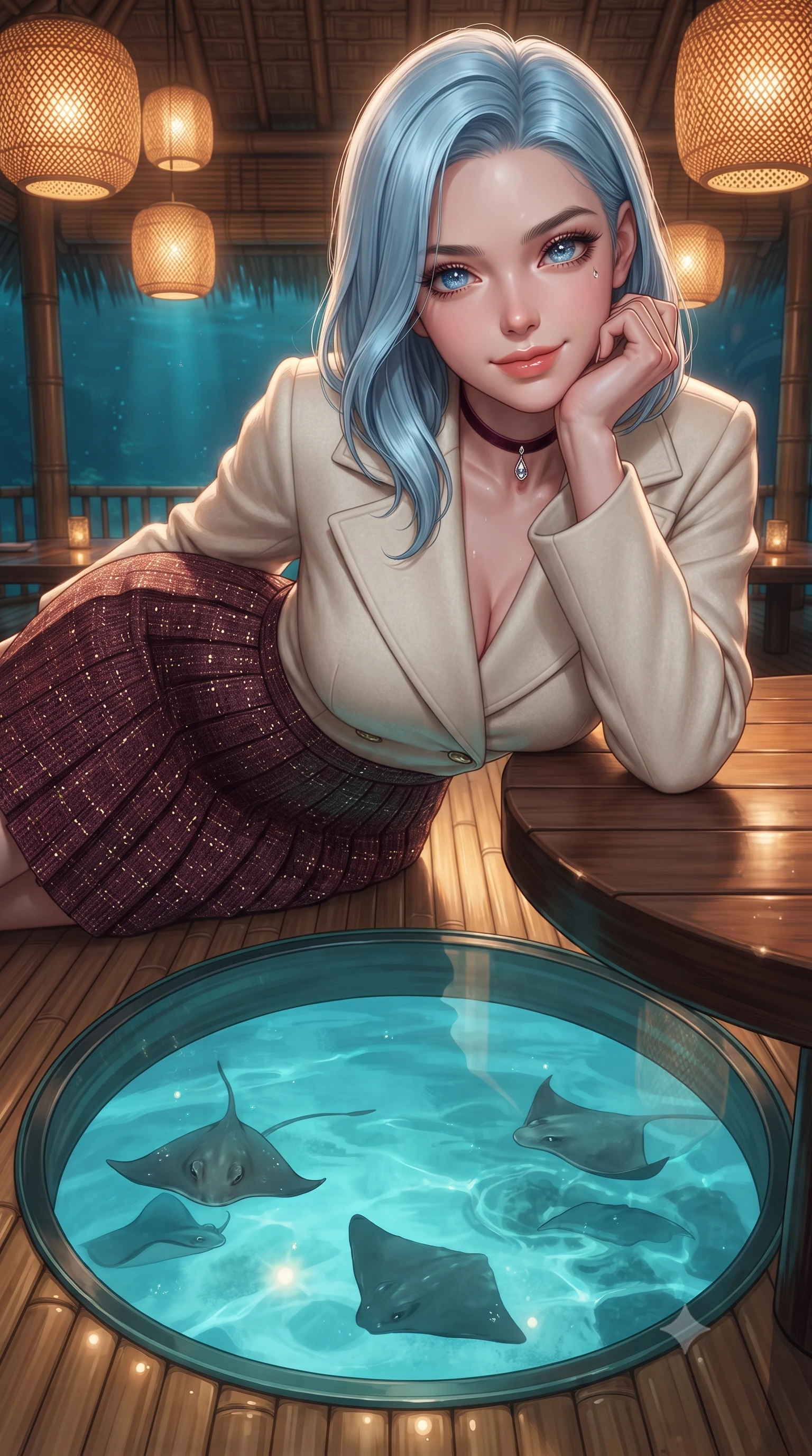 score_9, masterpiece, best quality, ultra-detailed, high-budget anime keyframe, editorial fashion photography, tasteful artistic composition, Korean woman. close-up cowboy shot from the waist and thighs up, the character dominates the composition, filling the frame with her large presence. resting one elbow on the table and supporting her chin, leaning close to the camera with heavy-lidded sparkling eyes and parted lips while standing poised on the polished bamboo deck beside the circular tempered glass floor opening revealing swimming stingrays below, arching her spine with wet-look siren grace. The surrounding environment is rendered in vivid detail and crisp panoramic clarity: detailed garment lines, wet cling or bodycon fit, and artisanal island craft in high resolution. She has an exceptionally elegant, slender, and willowy female figure with an ultra-slim waist, flat toned midriff, narrow ribcage, and sculpted feminine hips creating an alluring, slim hourglass silhouette without bulk. sharp v-shaped jawline, high-bridge nose, intricate jewel-like sparkling eyes with depth, thick eyelashes, glossy parted lips with a natural peach sheen, bright cheerful beaming smile with an enchanting and coquettish sensual glint, exuding both youthful cute charm and seductive allure, flawlessly proportioned anatomical accuracy, strict slender model proportions, natural body alignment, perfectly sculpted long slender limbs, ultra-slim waistline, clean dynamic posture without body distortion. wearing a tailored double-faced ivory wool riding coat paired with an A-line accordion pleated midi skirt in Franschhoek vineyard pinotage burgundy and oak honey, woven from structured British tweed with subtle metallic flecks, finished with a thin velvet ribbon choker and a single teardrop diamond pendant, the bespoke structured tailoring following the natural line of her 8.5-heads silhouette with refined elegance. bathed in the warm 2500K glow of woven bamboo lantern fixtures combined with clear cyan water uplights. ultra-reflective glossy finish, specular highlights, rich textural contrasts, high-contrast stereoscopic depth, volumetric dynamic lighting, 2k, ultra detail, master piece, 9:16 ratio
