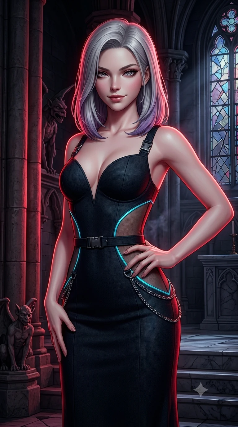score_9, masterpiece, best quality, ultra-detailed, high-budget anime keyframe, semi-realistic 3D game render, editorial fashion photography, tasteful artistic composition, Caucasian woman. close-up cowboy shot from the waist and thighs up, the character dominates the composition, filling the frame with her large presence. tilting her head with a teasing half-smile, running one hand slowly down the side of her hip in a flirtatious S-curve while holding a confident power pose with one hand on her hip beside the soaring stone nave pillars, looking into the lens with dangerous intensity. The surrounding environment is rendered in vivid detail and crisp panoramic clarity: sharp fractured stained-glass lead cames, carved stone gargoyle details, and cold marble altar step textures in deep focus. She has an exceptionally elegant, slender, and willowy female figure with an ultra-slim waist, flat toned midriff, narrow ribcage, and sculpted feminine hips creating an alluring, slim hourglass silhouette without bulk. sharp v-shaped jawline, high-bridge nose, intricate jewel-like dark sparkling eyes with hypnotic seductive depth, thick curled eyelashes, glossy parted lips with a natural wine sheen, alluring bedroom-eyes with an enigmatic smoldering smile, exuding magnetic sovereign charisma and dark avant-garde glamour, flawlessly proportioned anatomical accuracy, strict slender model proportions, natural body alignment, perfectly sculpted long slender limbs, ultra-slim waistline, clean dynamic posture without body distortion. wearing an alluring plunging sweetheart bodice dress with sheer mesh side-waist cutouts contouring her ribs in neon cyan edge-glow and dark carbon black, woven from bespoke high-density barathea wool with refined ceremonial hold, framed by dark titanium buckles and silver chain details, accentuating her gracefully sculpted slender torso and statuesque proportions. bathed in sharp crimson laser rim light piercing cold midnight shadows and incense smoke. highly saturated vibrant anime colors, detailed shading with soft gradients, rich glossy textures, high-contrast stereoscopic depth, volumetric dynamic lighting, master piece, 9:16 ratio
