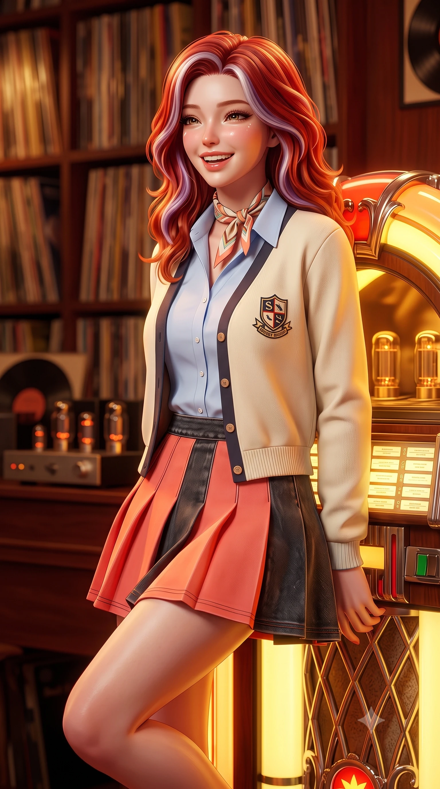 score_9, masterpiece, best quality, ultra-detailed, high-budget anime keyframe, semi-realistic 3D game render, editorial fashion photography, tasteful artistic composition, Caucasian woman. close-up cowboy shot from the waist and thighs up, the character dominates the composition, filling the frame with her large presence. laughing softly with genuine, enchanting warmth, eyes crinkling sweetly as specular highlights illuminate her cheeks while leaning against a classic jukebox as warm golden tubes glow behind her, tapping her foot to an old groove. The composition keeps background elements in soft focus with creamy bokeh. walls of vintage vinyl record spines and glowing vacuum tube amplifiers blurred into rich mahogany, amber, and whiskey-gold bokeh. She has an exceptionally elegant, slender, and willowy female figure with an ultra-slim waist, a gracefully sculpted slender torso, toned flat midriff, and a refined slim silhouette. sharp v-shaped jawline, high-bridge nose, intricate jewel-like eyes with depth, thick eyelashes, glossy lips with a natural sheen, captivating and magnetic expression, flawlessly proportioned anatomical accuracy, strict slender model proportions, natural body alignment, perfectly sculpted long slender limbs, ultra-slim waistline, clean dynamic posture without body distortion. wearing a preppy 80s varsity cardigan sweater layered over a crisp collared button-down shirt and a tennis pleated skirt in retro neon coral and washed black denim, made of premium heavyweight washed denim and breathable cotton poplin, complemented by a delicate silk scarf tied playfully around her neck, the form-contouring material adhering flawlessly to her sculpted flat midriff and slender torso, emphasizing her long leg lines and perfectly proportioned willowy build. bathed in warm amber incandescent lamp glow and golden vacuum tube ambient warmth. highly saturated vibrant anime colors, detailed shading with soft gradients, rich glossy textures, high-contrast stereoscopic depth, volumetric dynamic lighting, master piece, 9:16 ratio