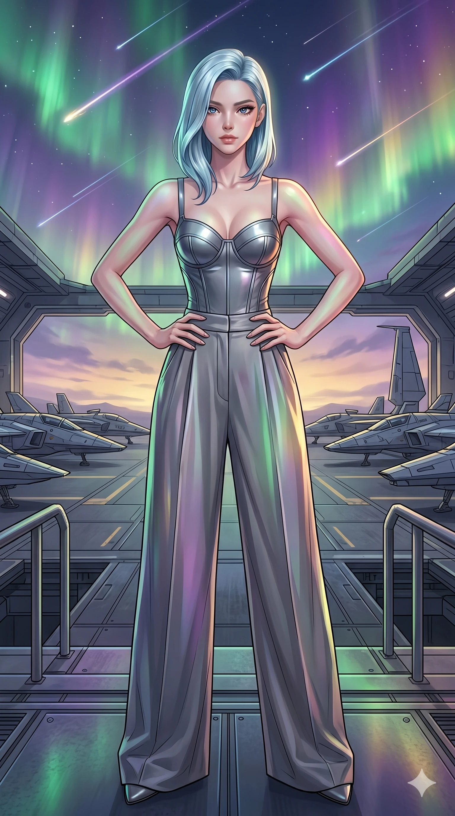 score_9, masterpiece, best quality, ultra-detailed, high-budget anime keyframe, editorial fashion photography, tasteful artistic composition, Korean woman. cowboy shot from the thighs up, character and outfit filling the frame for maximum editorial presence. Resting both hands on her hips, her posture open and dominant, commanding the frame on a docking bay overlooking a fleet of scout ships under a sky filled with shooting stars. She has an absolutely perfect 8-heads proportion, an exceptionally tall and slender female figure with impossibly long slender legs and an ultra-slim waist. V-shaped jawline, high-bridge nose, intricate jewel-like eyes with depth, thick eyelashes, glossy lips with a natural sheen. wearing a structured titanium-gray bustier top paired with flowing wide-leg silk palazzo trousers. illuminated by a shifting aurora palette of green, violet, and gold from above, wrapping her in color. 2k, ultra detail, master piece, 9:16 ratio