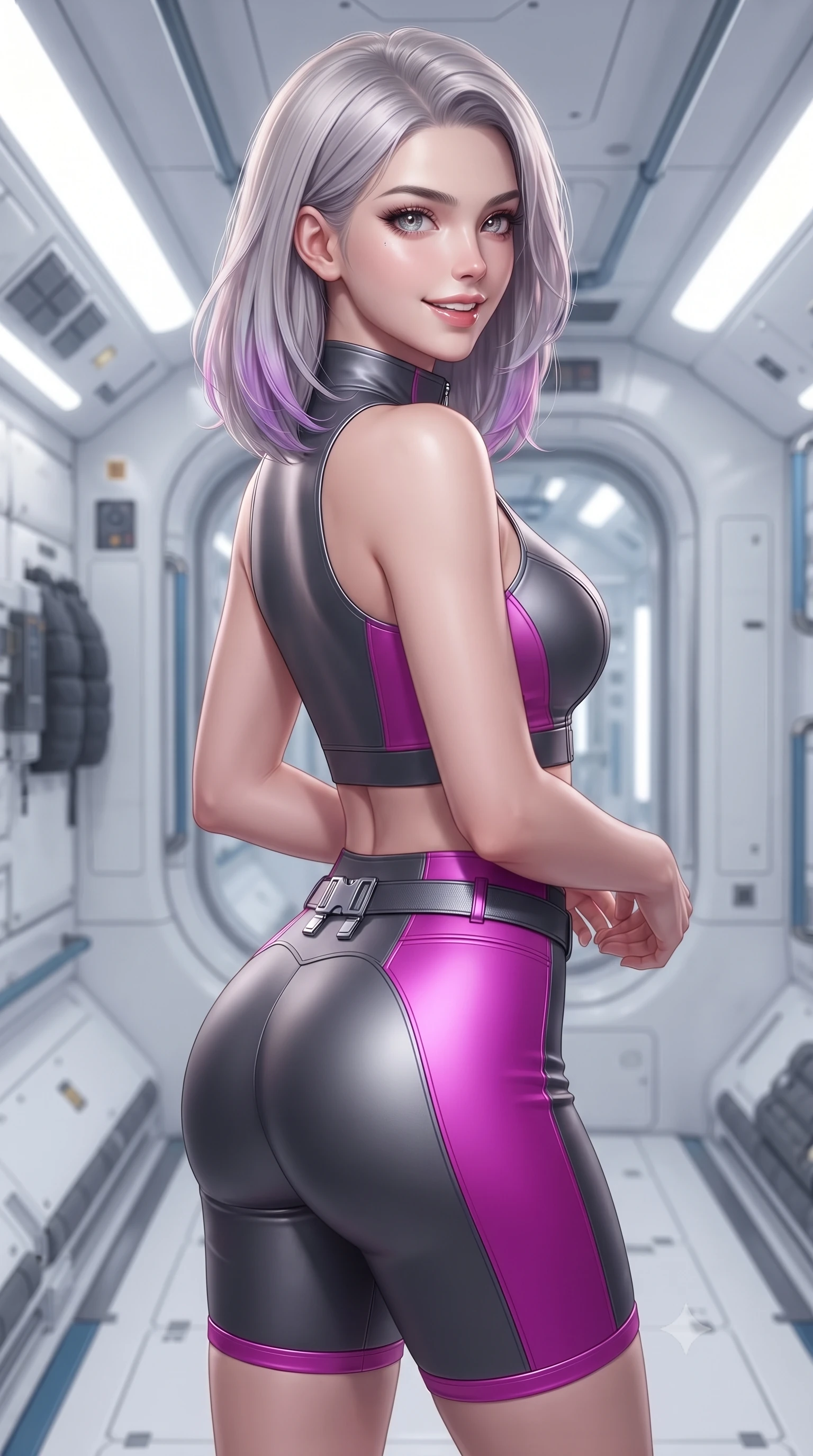 score_9, masterpiece, best quality, ultra-detailed, high-budget anime keyframe, editorial fashion photography, tasteful artistic composition, Caucasian woman. close-up cowboy shot from the waist and thighs up, the character dominates the composition, filling the frame with her large presence. posing in an alluring rear three-quarter angle, turning over a bare shoulder with an intoxicating gaze, her hips cocked back to highlight her slim hourglass curve against the glowing reactor while posing in an alluring mid-air contrapposto twist with hips cocked back, looking toward the viewer with an intoxicating, playful smile. The surrounding environment is rendered in vivid detail and crisp panoramic clarity: sharp magnetic track rail seams, padded gym wall grip textures, and transparent window frame clarity in deep focus. She has an exceptionally elegant, slender, and willowy female figure with an ultra-slim waist, flat toned midriff, narrow ribcage, and sculpted feminine hips creating an alluring, slim hourglass silhouette without bulk. sharp v-shaped jawline, high-bridge nose, intricate jewel-like sparkling eyes with depth, thick eyelashes, glossy parted lips with a natural sheen, bright confident smile with an enchanting and coquettish sensual glint, exuding both youthful magnetic charm and sovereign high-tech allure, flawlessly proportioned anatomical accuracy, strict slender model proportions, natural body alignment, perfectly sculpted long slender limbs, ultra-slim waistline, clean dynamic posture without body distortion. wearing a sleek two-piece combat athletic set with a zip-front mock-neck crop top and contouring biker shorts hugging her curvy hips in deep titanium gunmetal and radiant magenta neon, formed from supple thermal silicone composite adhering seamlessly like a second skin, finished with polished chrome buckle hardware and modular magnetic holster clasps, the form-contouring cut accentuating her sculpted flat midriff, narrow delicate ribcage, and gracefully curvy hips with cybernetic supermodel precision. bathed in bright, clean white space-station illumination and fresh Earth-shine ambient bounce. ultra-reflective glossy finish, specular highlights, rich textural contrasts, high-contrast stereoscopic depth, volumetric dynamic lighting, 2k, ultra detail, master piece, 9:16 ratio