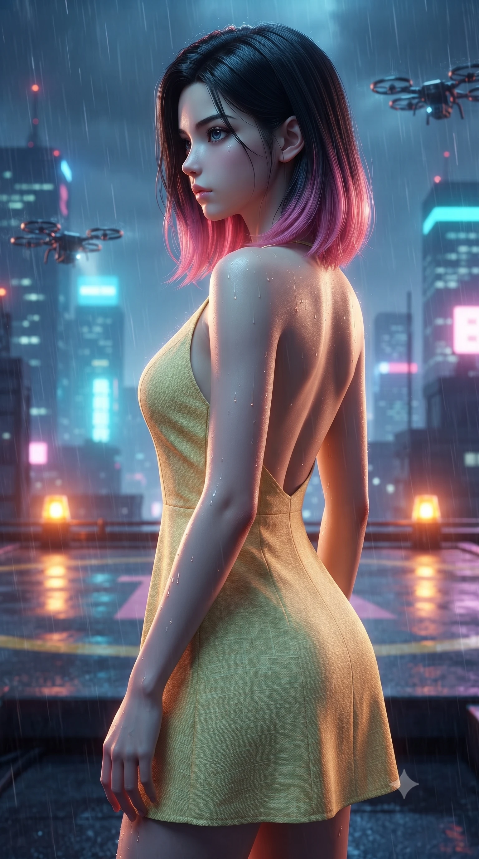 score_9, masterpiece, best quality, ultra-detailed, high-budget anime keyframe, editorial fashion photography, tasteful artistic composition, Korean woman. close-up cowboy shot from the waist and thighs up, the character dominates the composition, filling the frame with her large presence, background elements kept in soft focus. turning her face in sharp profile, casting a cold, mysterious, yet intensely alluring side gaze, the background shows a soft-focus a neon-lit rooftop helipad during a high-tech rainstorm with hovering camera drones. She has an exceptionally elegant, slender, and willowy female figure with an ultra-slim waist, a gracefully sculpted slender torso, and a refined silhouette. sharp v-shaped jawline, high-bridge nose, intricate jewel-like eyes with depth, thick eyelashes, glossy lips with a natural sheen. wearing a tailored backless summer sundress in pale yellow linen, showing her elegant shoulder blades. flashing amber strobe lights casting dynamic chiaroscuro shadows on her silhouette. ultra-reflective glossy finish, specular highlights, metallic sheen, high-contrast stereoscopic depth, volumetric dynamic lighting, 2k, ultra detail, master piece, 9:16 ratio