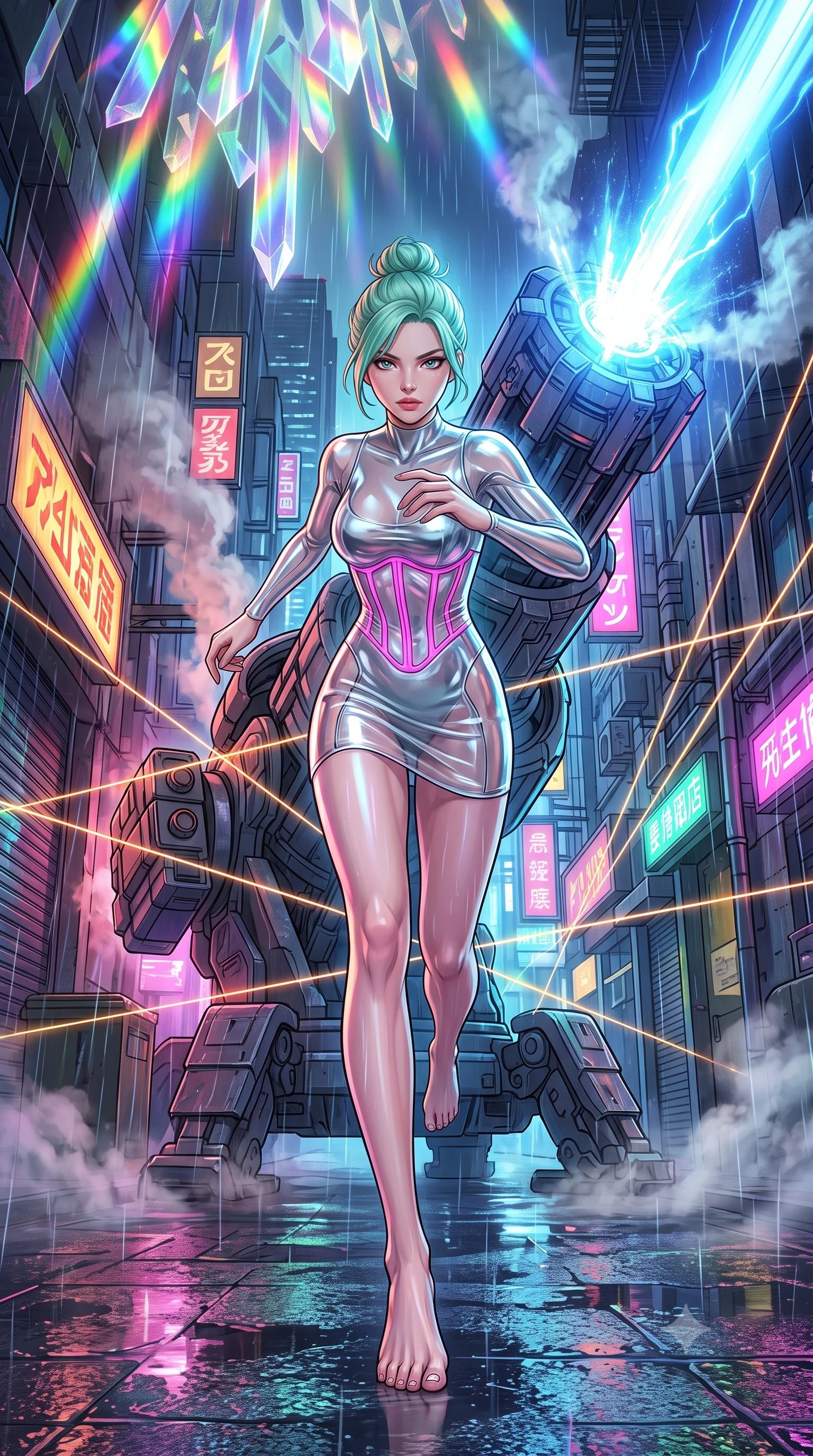 score_9, masterpiece, best quality, ultra-detailed, high-budget anime keyframe, editorial fashion photography, tasteful artistic composition, Japanese woman. low angle full-body shot from head to toe showing her feet, filling the entire 9:16 vertical frame with her statuesque presence, stretching her vertical silhouette. dashing through rain-slicked cyberpunk alleyways, dodging laser tripwires with fluid agility through beside a massive orbital defense cannon, firing blue energy pulses into the upper atmosphere. She has a statuesque 8.5-heads proportion, an exceptionally tall, slender and willowy model-like build with impossibly long legs and a highly sculpted ultra-slim waist. sharp v-shaped jawline, high-bridge nose, intricate jewel-like eyes with depth, thick eyelashes, glossy lips with a natural sheen. wearing tailored for maximum mobility, sleek form-contouring panels that allow fluid movement, a body-hugging transparent liquid-mercury mini dress with a visible neon corset interior structure, showing her slender waist. highly saturated vibrant anime colors, intense vivid color palette, soft 3D volumetric shading, volumetric dynamic lighting, cascading rainbow prismatic light refracting through crystal formations overhead. 2k, ultra detail, master piece, 9:16 ratio