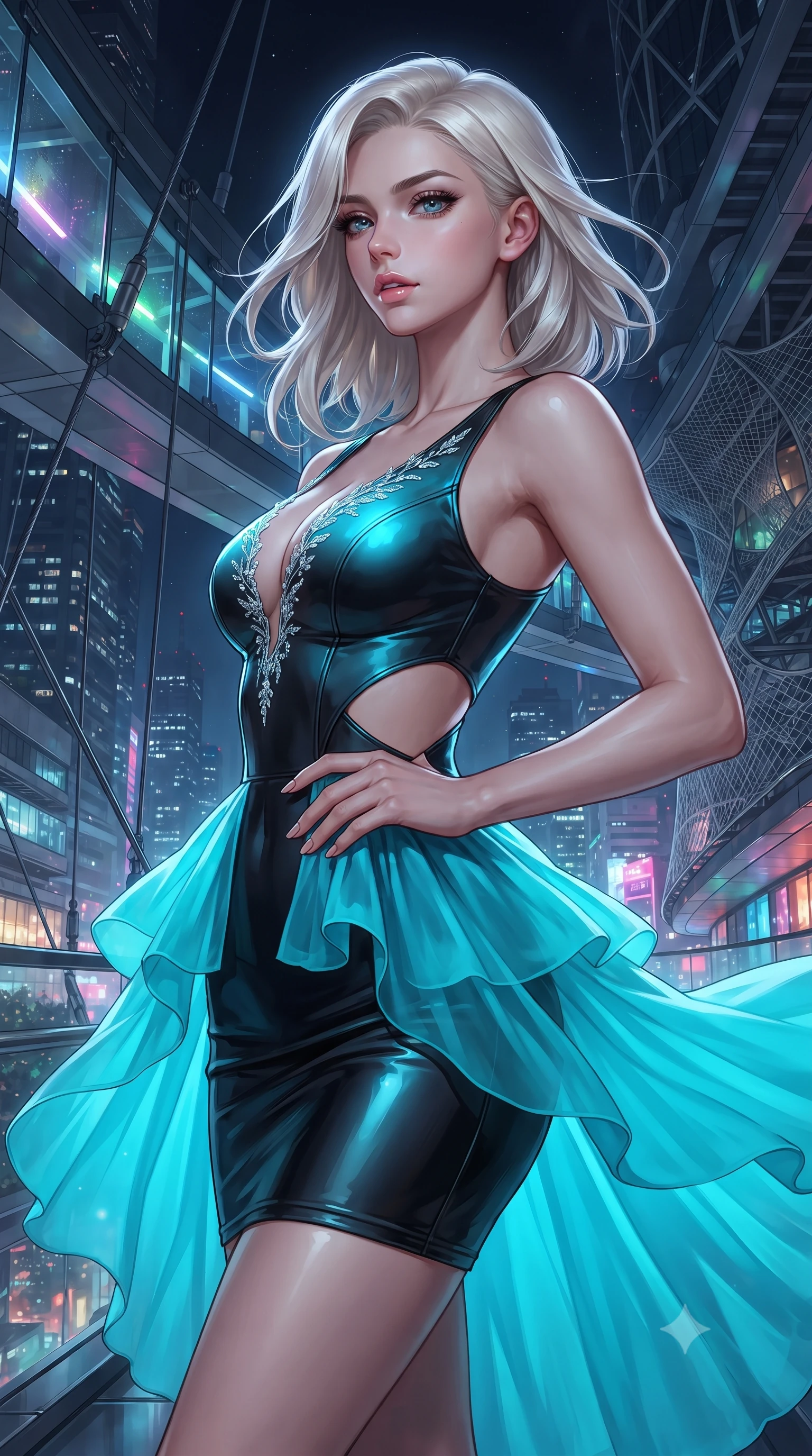 score_9, masterpiece, best quality, ultra-detailed, high-budget anime keyframe, editorial fashion photography, tasteful artistic composition, Caucasian woman. close-up cowboy shot from the waist and thighs up, the character dominates the composition, filling the frame with her large presence. resting one manicured hand delicately on her hip bone, her upper body turning in a fluid, seductive S-curve while parted lips glisten in the light while executing an elegant mid-motion turn as night winds whip her high-slit dress, her statuesque vertical presence dominating the futuristic panorama. The surrounding environment is rendered in vivid detail and crisp panoramic clarity. sharp skyway glass panel joints, stainless steel suspension cables, and futuristic architectural mesh in deep focus. She has an exceptionally elegant, slender, and willowy female figure with an ultra-slim waist, flat toned midriff, narrow ribcage, and sculpted feminine hips creating an alluring, slim hourglass silhouette without bulk. sharp v-shaped jawline, high-bridge nose, intricate jewel-like eyes with depth, thick eyelashes, glossy parted lips with a natural sheen, intensely captivating and seductive bedroom-eyes expression, flawlessly proportioned anatomical accuracy, strict slender model proportions, natural body alignment, perfectly sculpted long slender limbs, ultra-slim waistline, clean dynamic posture without body distortion. wearing a modern peplum corset dress with side-waist diamond cutouts and an ultra-tight silhouette in neon electric cyan and lacquer black, woven from layered gossamer chiffon with a weightless sweeping drape, finished with delicate crystal frost embroidery tracing the plunging neckline, the glove-like aerodynamic silhouette tightly following the natural contour of her hips and long slender legs with statuesque 8.5-heads elegance. illuminated by wet specular glass bounce lights sculpting her toned waistline, slender spine, and feminine hips. ultra-reflective glossy finish, specular highlights, rich textural contrasts, high-contrast stereoscopic depth, volumetric dynamic lighting, 2k, ultra detail, master piece, 9:16 ratio