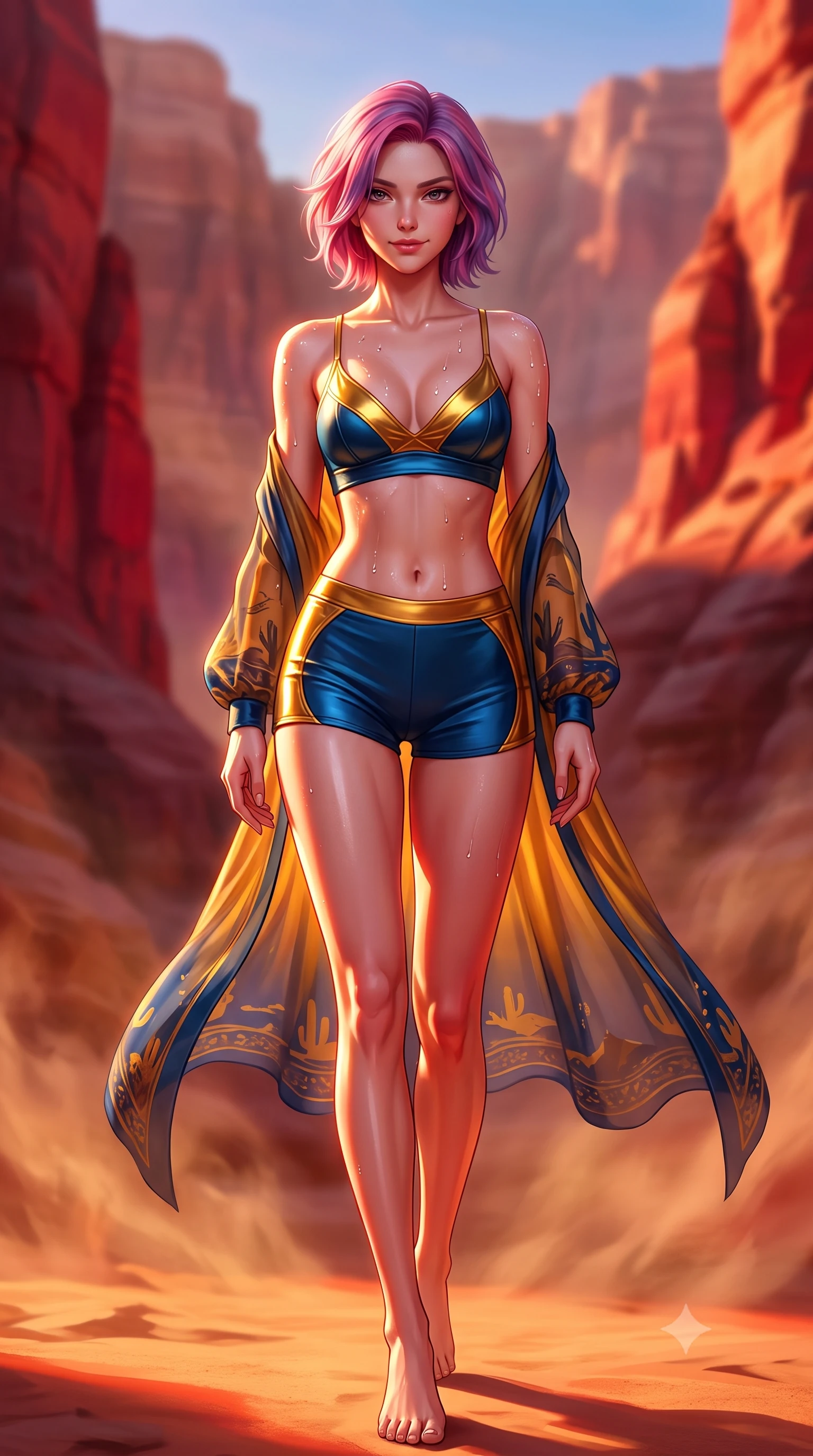score_9, masterpiece, best quality, ultra-detailed, high-budget anime keyframe, semi-realistic 3D game render, editorial fashion photography, tasteful artistic composition, Caucasian woman. low angle full-body shot from head to toe showing her feet, filling the entire 9:16 vertical frame with her statuesque presence, stretching her vertical silhouette. stepping slowly toward the camera with hypnotic grace, hips swaying in an alluring sensual rhythm that accentuates her curvy hourglass silhouette and long slender legs while twisting her slender torso in an alluring S-curve, crimson vortex sunset light carving sharp highlights across her flat midriff and hips. The background shows a soft-focus swirling desert canyon thermals softened in majestic southwestern shallow focus. She has an absolutely perfect, statuesque 8.5-heads proportion, an exceptionally tall and slender model-like female figure with impossibly long slender legs, an ultra-slim waist, a flat toned midriff, narrow delicate ribcage, and beautifully sculpted feminine hips creating a graceful, slim hourglass silhouette without any bulky heaviness. sharp v-shaped jawline, high-bridge nose, sparkling eyes with hypnotic seductive depth, thick curled eyelashes, glossy parted lips with a natural dewy peach sheen, alluring bedroom-eyes with an enchanting coquettish smile, exuding magnetic siren charisma and sophisticated glamour, flawlessly proportioned anatomical accuracy, strict slender model proportions, natural body alignment, perfectly sculpted long slender limbs, ultra-slim waistline, clean dynamic posture without body distortion. wearing a delicate sheer chiffon western duster robe slipping off bare shoulders over a matching strappy suede bralette in molten liquid gold and deep ocean sapphire, crafted from smooth liquid-tight stretch jersey emphasizing every curve of her body, finished with glistening drops of seawater beading across her sculpted shoulders and flat midriff, the liquid-tight tailored fabric clinging flawlessly to her narrow waist and rounded feminine hips, emphasizing every millimeter of her sculpted slim hourglass curves without any bulky heaviness. bathed in intense crimson-and-gold sunset illumination bouncing directly off the canyon rock walls. highly saturated vibrant anime colors, detailed shading with soft gradients, rich glossy textures, high-contrast stereoscopic depth, volumetric dynamic lighting, master piece, 9:16 ratio