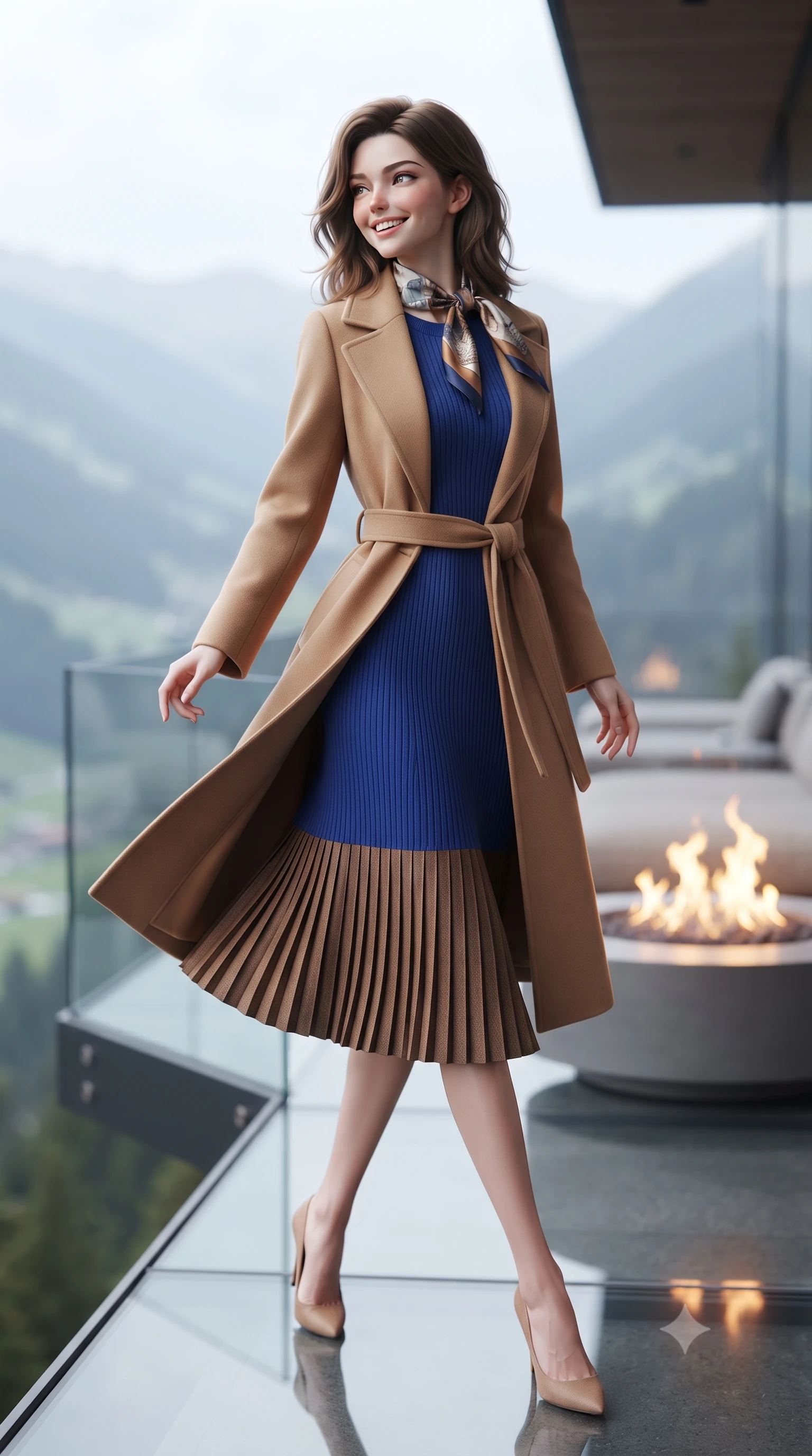 score_9, masterpiece, best quality, ultra-detailed, high-budget anime keyframe, editorial fashion photography, tasteful artistic composition, Korean woman. low angle full-body shot from head to toe showing her feet, filling the entire 9:16 vertical frame with her statuesque presence, stretching her vertical silhouette. executing an elegant pivot turn as the hem of her pleated wool skirt sways rhythmically, glancing back with joyful radiance while standing poised on the heated glass cantilevered viewing deck jutting over the alpine valley, opening her coat slightly with a breathtaking smile. The background shows a soft-focus sleek minimalist gas fire pit flames softened in high-altitude futuristic luxury shallow focus. She has an exceptionally tall and slender model-like 8.5-heads proportion, an ultra-slim waist, a flat toned midriff, narrow delicate ribcage, and beautifully sculpted feminine hips creating a graceful, slim hourglass silhouette without any bulky heaviness, with impossibly long slender legs. sharp v-shaped jawline, high-bridge nose, intricate jewel-like sparkling eyes with depth, thick eyelashes, glossy parted lips with a natural peach sheen, bright cheerful beaming smile with an enchanting and coquettish sensual glint, exuding both youthful cute charm and seductive allure, flawlessly proportioned anatomical accuracy, strict slender model proportions, natural body alignment, perfectly sculpted long slender limbs, ultra-slim waistline, clean dynamic posture without body distortion. wearing a tailored belted cashmere wrap coat in warm camel layered over a fine ribbed knit midi dress in royal sapphire blue and antique brushed bronze, tailored from fine wool gabardine with crisp permanent pleats and sharp drape, finished with a printed silk twilly scarf knotted gracefully around her neck, the bespoke architectural tailoring hugging her natural waistline with sartorial precision, creating a clean graceful hourglass silhouette with tall model elegance. illuminated by crisp platinum rim lights and soft fire pit warmth sculpting her cheekbones, narrow waist, and athletic statuesque build. ultra-reflective glossy finish, specular highlights, rich textural contrasts, high-contrast stereoscopic depth, volumetric dynamic lighting, 2k, ultra detail, master piece, 9:16 ratio