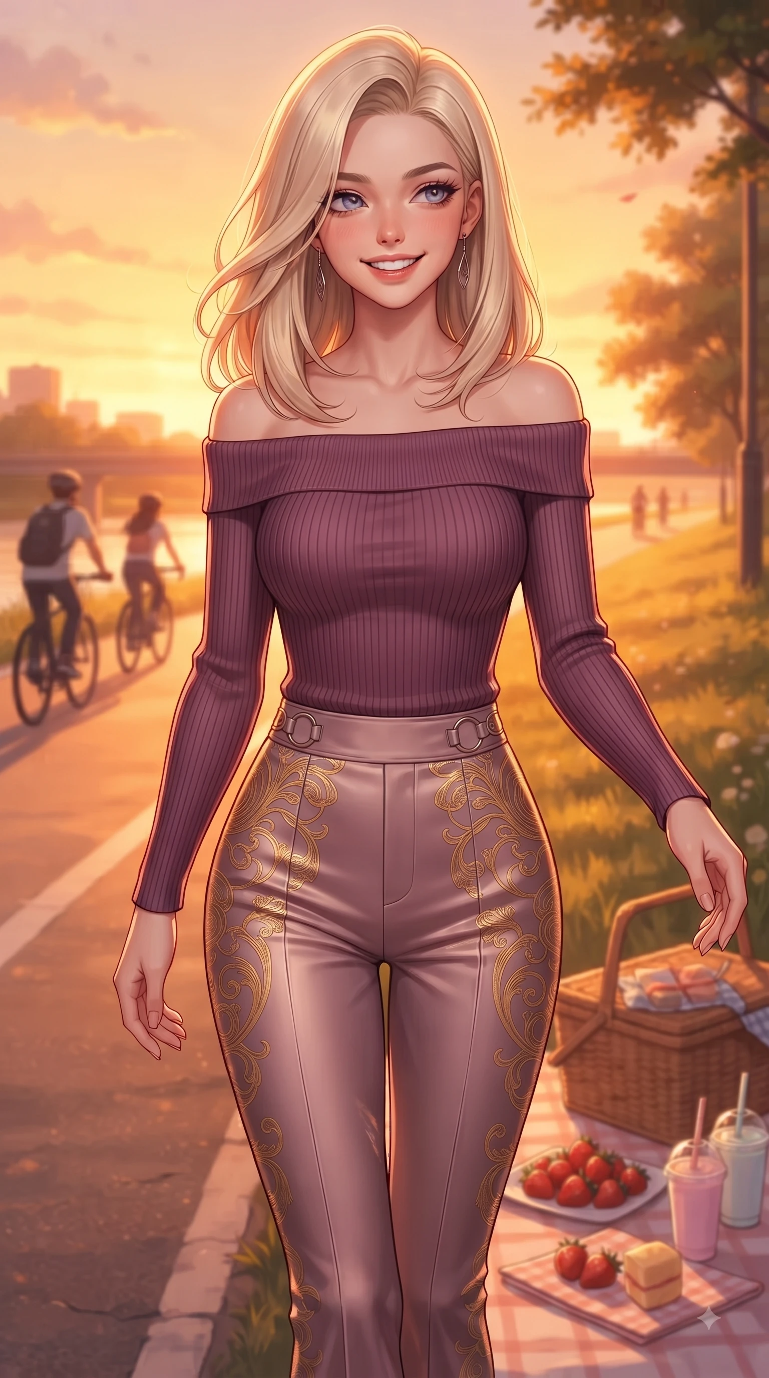 score_9, masterpiece, best quality, ultra-detailed, high-budget anime keyframe, editorial fashion photography, tasteful artistic composition, Caucasian woman. close-up cowboy shot from the waist and thighs up, the character dominates the composition, filling the frame with her large presence, background elements kept in soft focus. Radiant youthful grin reflecting college charm while casting a playful, joyful side-gaze with heavy lashes while pivoting in a happy stride along a riverside cycling path as golden sunset light paints the sky, picnic baskets, fresh strawberries, and pastel drinks adding a sweet girlhood charm. She has an exceptionally elegant, slender, and willowy female figure with an ultra-slim waist, a gracefully sculpted slender torso, and a refined silhouette. sharp v-shaped jawline, high-bridge nose, intricate jewel-like eyes with depth, thick eyelashes, glossy lips with a natural sheen, flawlessly proportioned anatomical accuracy, natural body alignment, perfectly sculpted elegant limbs, clean dynamic posture without body distortion. wearing a sleek off-shoulder ribbed knit top paired with high-waist tailored pants in plum purple and gold filigree, crafted from smooth liquid silk, accented with delicate chrome ring hardware framing her waist, the sleek second-skin texture accentuating her magnetic presence. bathed in glorious golden hour sunset sunbeams and warm amber sky radiance. ultra-reflective glossy finish, specular highlights, metallic sheen, high-contrast stereoscopic depth, volumetric dynamic lighting, 2k, ultra detail, master piece, 9:16 ratio