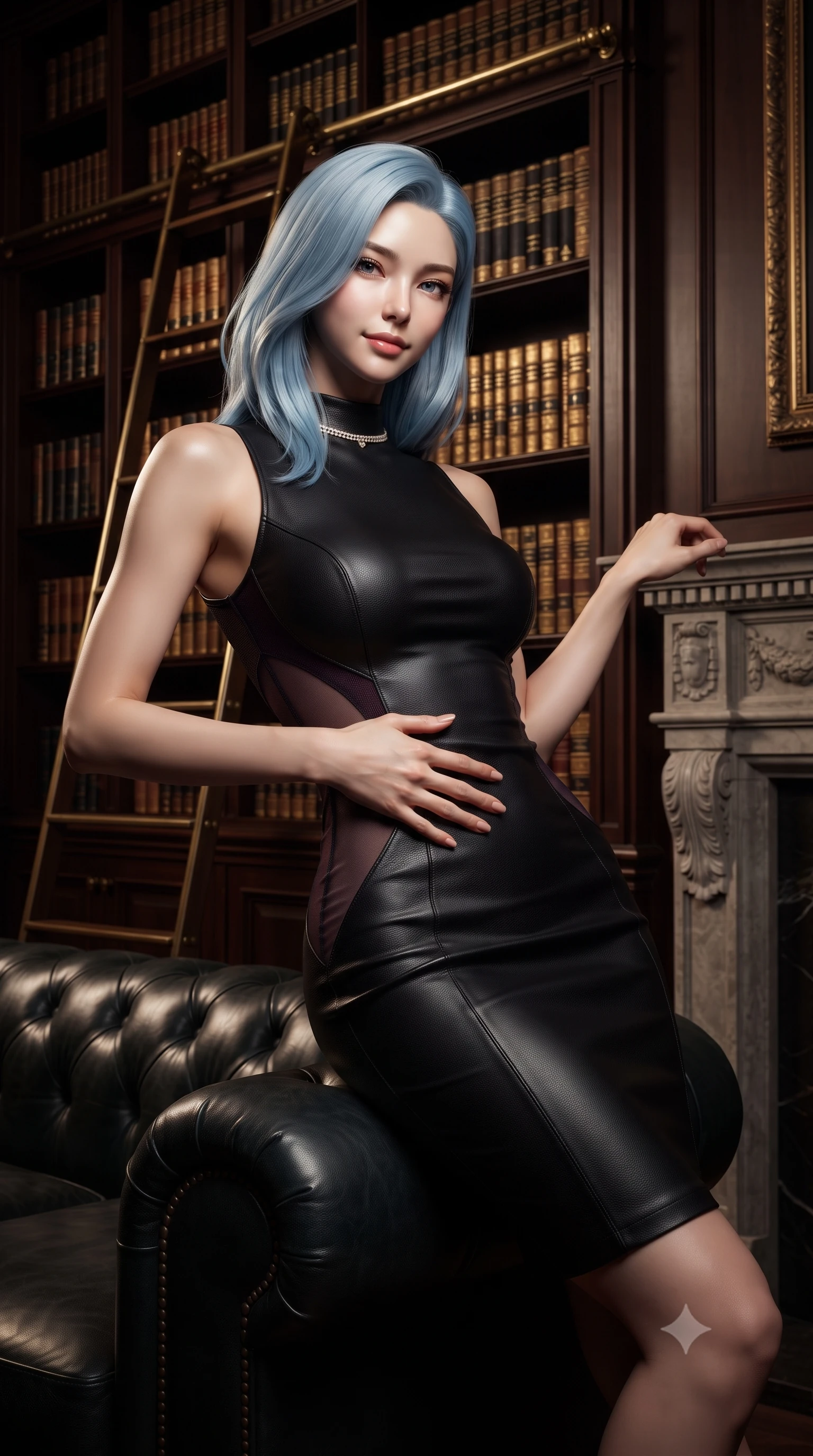 score_9, masterpiece, best quality, ultra-detailed, high-budget anime keyframe, editorial fashion photography, tasteful artistic composition, Korean woman. close-up cowboy shot from the waist and thighs up, the character dominates the composition, filling the frame with her large presence. leaning back against the leather lounge with relaxed seductive grace, one hand resting on her flat midriff as her narrow waist and curvy hips command the frame while standing poised before towering double-height mahogany bookshelves with a rolling brass ladder, twisting her slender torso in an alluring S-curve. The surrounding environment is rendered in vivid detail and crisp panoramic clarity. sharp carved stone mantelpiece reliefs, gilded book leather grain, and brass ladder rail gleam in deep focus. She has an exceptionally elegant, slender, and willowy female figure with an ultra-slim waist, flat toned midriff, narrow ribcage, and sculpted feminine hips creating an alluring, slim hourglass silhouette without bulk. sharp v-shaped jawline, high-bridge nose, intricate jewel-like dark sparkling eyes with dangerous depth, thick curled eyelashes, glossy parted lips with a rich wine sheen, smoldering seductive half-smile with bedroom-eyes, exuding effortless superiority and intoxicating dark allure, flawlessly proportioned anatomical accuracy, strict slender model proportions, natural body alignment, perfectly sculpted long slender limbs, ultra-slim waistline, clean dynamic posture without body distortion. wearing a high-neck sleeveless bodycon dress in textured matte obsidian with side-torso semi-sheer mesh inserts in rich plum violet and deep onyx black, made of supple butter-soft lambskin leather with a subtle satin sheen, finished with a delicate diamond choker catching the chandelier light, the form-fitting cut adhering flawlessly to her sculpted flat midriff and slender torso, emphasizing her long leg lines and perfectly proportioned willowy build. illuminated by rich chiaroscuro side lighting and dark bronze rim light sharply defining her sculpted collarbones, narrow waist, and curvy hips. ultra-reflective glossy finish, specular highlights, rich textural contrasts, high-contrast stereoscopic depth, volumetric dynamic lighting, 2k, ultra detail, master piece, 9:16 ratio