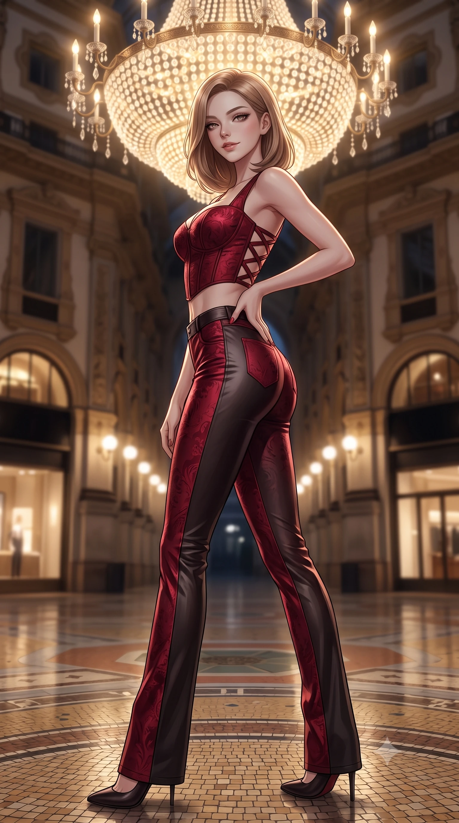 score_9, masterpiece, best quality, ultra-detailed, high-budget anime keyframe, editorial fashion photography, tasteful artistic composition, Korean woman. low angle full-body shot from head to toe showing her feet, filling the entire 9:16 vertical frame with her statuesque presence, stretching her vertical silhouette. pausing mid-stride beneath the grand chandelier with one hand resting on her narrow waist, her arched hips and statuesque 8.5-heads presence commanding the 9:16 vertical frame while twisting her slender torso in an alluring contrapposto stance, her dark tailored gown clinging to her narrow waist and rounded feminine hips. The composition keeps background elements in soft focus with dreamy creamy bokeh. the quiet midnight mosaic arcade floor and elegant shopfront brass frames softened in regal Milanese shallow focus. She has an exceptionally tall and slender model-like 8.5-heads proportion, an ultra-slim waist, a flat toned midriff, narrow delicate ribcage, and beautifully sculpted feminine hips creating a graceful, slim hourglass silhouette without any bulky heaviness, with impossibly long slender legs. sharp v-shaped jawline, high-bridge nose, intricate jewel-like dark sparkling eyes with dangerous depth, thick curled eyelashes, glossy parted lips with a rich wine sheen, smoldering seductive half-smile with bedroom-eyes, exuding effortless superiority and intoxicating dark allure, flawlessly proportioned anatomical accuracy, strict slender model proportions, natural body alignment, perfectly sculpted long slender limbs, ultra-slim waistline, clean dynamic posture without body distortion. wearing a cropped structured bodice top paired with ultra-fitted high-waisted leather trousers tracing her hips in ruby crimson and muted shadow black, tailored from rich silk jacquard with subtle embossed baroque patterns, featuring a dramatic criss-cross satin back lacing tracing her slender spine, the liquid-tight tailored fabric clinging flawlessly to her narrow waist and rounded feminine hips, emphasizing every millimeter of her sculpted slim hourglass curves without any bulky heaviness. bathed in majestic golden arcade chandelier light and soft ambient streetlamp wash. ultra-reflective glossy finish, specular highlights, rich textural contrasts, high-contrast stereoscopic depth, volumetric dynamic lighting, 2k, ultra detail, master piece, 9:16 ratio