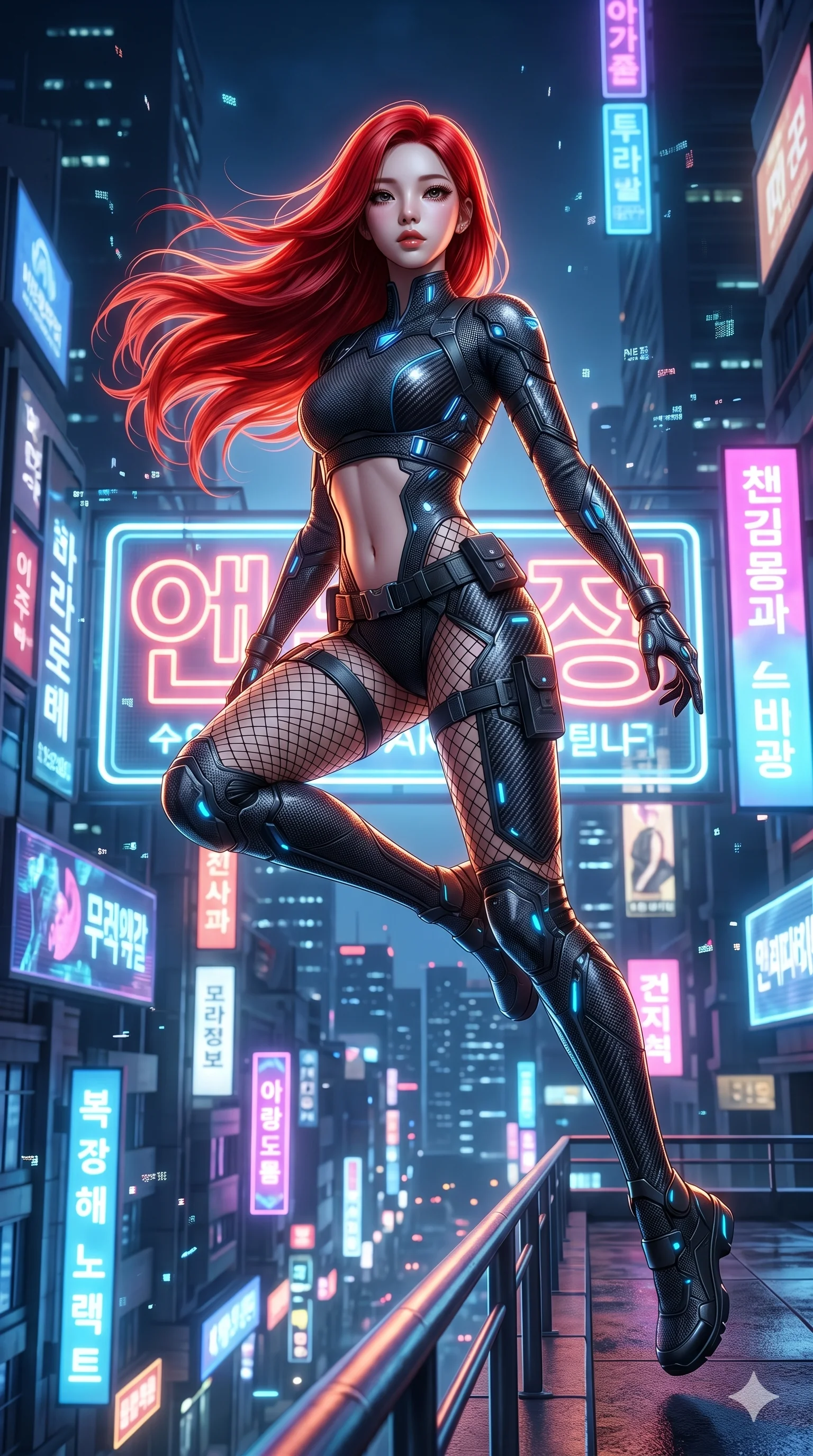 score_9, masterpiece, best quality, ultra-detailed, highly detailed CG unity 8k render, an incredibly beautiful Korean anime girl. Dynamic low angle shot filling the frame. She has an absolutely perfect 8-heads proportion, an exceptionally tall female figure with a delicate skinny figure. Her face is a highly detailed masterpiece featuring a v-shaped jawline, high-bridge nose, intricate jewel-like eyes, thick eyelashes, and glossy lips. She has vibrant red flowing hair. She is wearing a tight-fitting cybernetic ninja outfit, midriff exposed, sensual fishnet stockings, highlighting her alluring silhouette. Futuristic rooftop, glowing neon billboards, dramatic rim lighting, cinematic shadows, 2k, ultra detail, master piece, 9:16 ratio