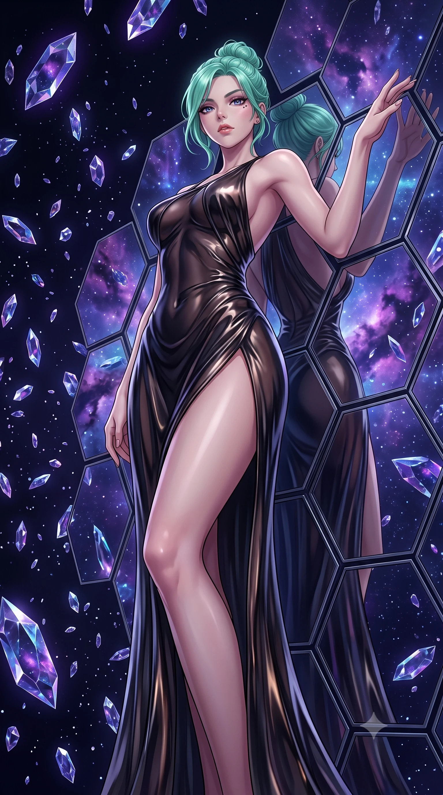 score_9, masterpiece, best quality, ultra-detailed, High-budget Anime Keyframe, East Asian woman. Low angle cowboy shot filling the entire 9:16 frame with her statuesque presence. Scenario 296: leaning back against a wall of virtual mirrors in a dark void filled with floating crystal shards reflecting purple nebulae. Her presence is magnetic and overpowering in this high-budget anime scene. Outfit 296: a body-hugging molten liquid silk sheer with a thigh-high slit and tight-fitting silhouette. The clothing is designed to emphasize her exceptionally tall and slender 8-heads proportion. 8-heads proportion, towering silhouette, ultra-slim waist. sharp v-shaped jawline, intricate jewel-like eyes with depth, thick eyelashes, glossy lips. 2k, ultra detail, master piece, 9:16 ratio