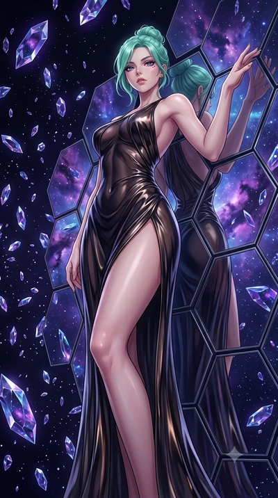 score_9, masterpiece, best quality, ultra-detailed, High-budget Anime Keyframe, East Asian woman. Low angle cowboy shot filling the entire 9:16 frame with her statuesque presence. Scenario 296: leaning back against a wall of virtual mirrors in a dark