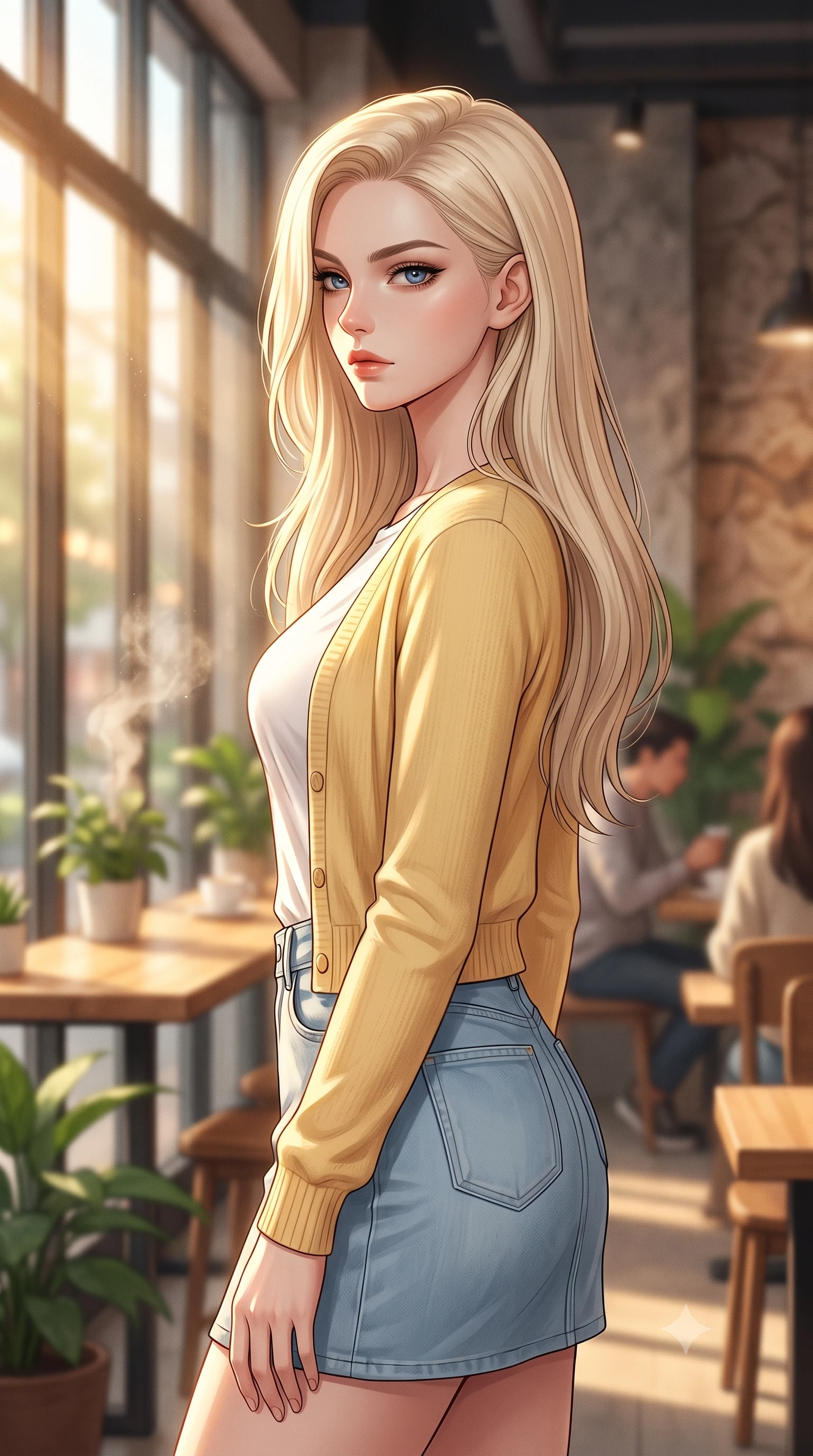 score_9, masterpiece, best quality, ultra-detailed, high-budget anime keyframe, editorial fashion photography, tasteful artistic composition, Caucasian woman woman. close-up cowboy shot from the waist and thighs up, the character dominates the composition, filling the frame with her large presence, background elements kept in soft focus. turning her face in sharp profile, casting a cold, mysterious, yet intensely sensual side gaze the background shows a soft-focus a cozy corner of a modern café with large glass windows, wooden tables, and green houseplants. She has an exceptionally elegant, slender, and willowy female figure with an ultra-slim waist, a gracefully sculpted slender torso, and a refined silhouette. sharp v-shaped jawline, high-bridge nose, intricate jewel-like eyes with depth, thick eyelashes, glossy lips with a natural sheen. wearing a form-contouring soft yellow cardigan over a white t-shirt and light blue denim skirt. warm morning sunbeams streaming through the window, highlighting coffee steam. 2k, ultra detail, master piece, 9:16 ratio