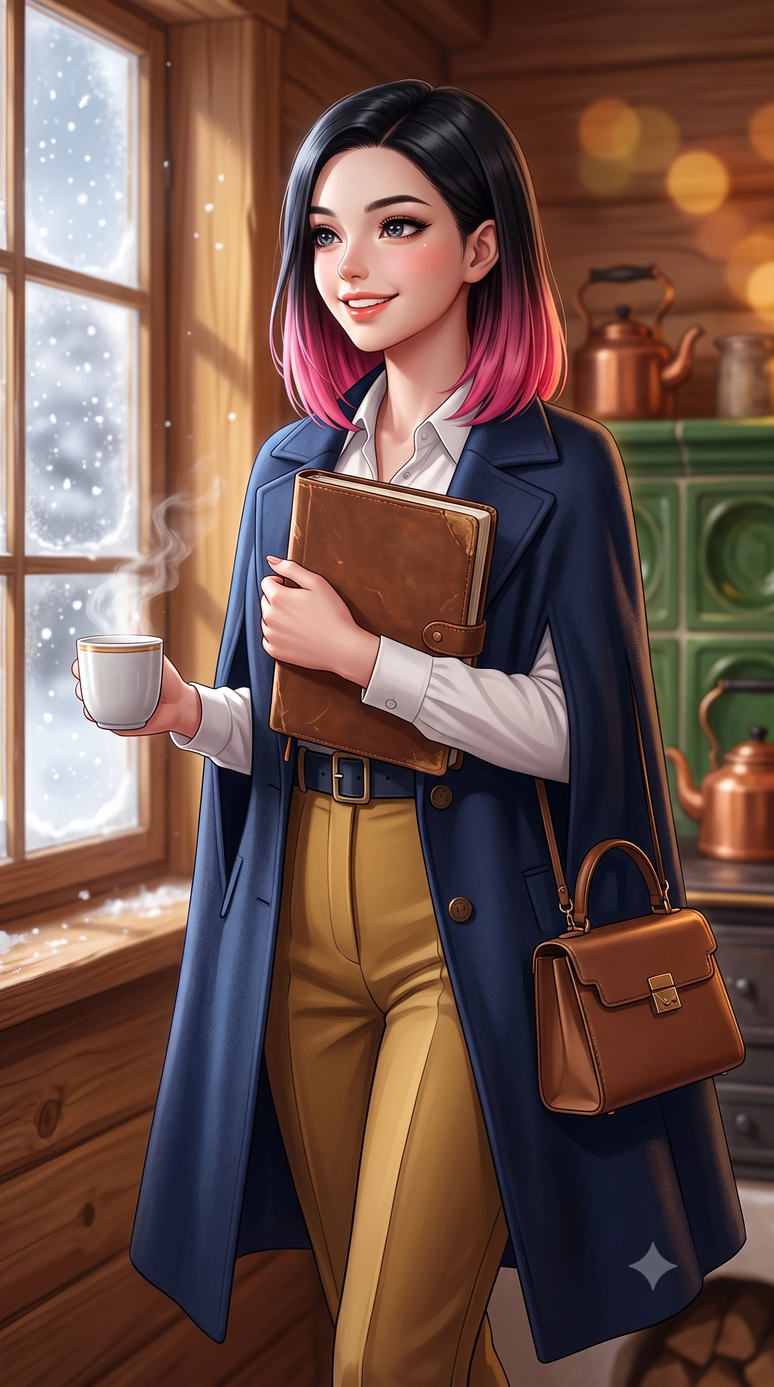 score_9, masterpiece, best quality, ultra-detailed, high-budget anime keyframe, semi-realistic 3D game render, editorial fashion photography, tasteful artistic composition, Korean woman. close-up cowboy shot from the waist and thighs up, the character dominates the composition, filling the frame with her large presence. holding a leather notebook close to her chest with both arms, smiling delightfully with youthful scholarly grace while walking toward the frosted timber window with a steaming porcelain mug, looking out at the falling snowflakes with wonder. The background shows a soft-focus hand-carved Swiss stone pine wood walls, painted green ceramic stove tiles, and copper kettles blurred into warm honey, forest green, and amber bokeh. She has an exceptionally elegant, slender, and willowy female figure with an ultra-slim waist, flat toned midriff, narrow ribcage, and sculpted feminine hips creating an alluring, slim hourglass silhouette without bulk. sharp v-shaped jawline, high-bridge nose, intricate jewel-like sparkling eyes with depth, thick eyelashes, glossy parted lips with a natural peach sheen, bright cheerful beaming smile with an enchanting and coquettish sensual glint, exuding both youthful cute charm and seductive allure, flawlessly proportioned anatomical accuracy, strict slender model proportions, natural body alignment, perfectly sculpted long slender limbs, ultra-slim waistline, clean dynamic posture without body distortion. wearing an elegant tailored cape coat in brushed wool worn over a crisp white cotton shirt and tailored cigarette pants in Ginza vintage brass gold and midnight navy, crafted from ultra-soft Mongolian cashmere with exquisite insulating warmth and tactile softness, finished with a structured leather top-handle mini bag resting gracefully at her side, the structured cinched belt emphasizing her narrow waistline and gracefully balanced proportions with timeless haute-couture polish. illuminated by honey pine wall reflection bounce and warm buttery rim lights sculpting her features and slender hourglass curves. highly saturated vibrant anime colors, detailed shading with soft gradients, rich glossy textures, high-contrast stereoscopic depth, volumetric dynamic lighting, master piece, 9:16 ratio