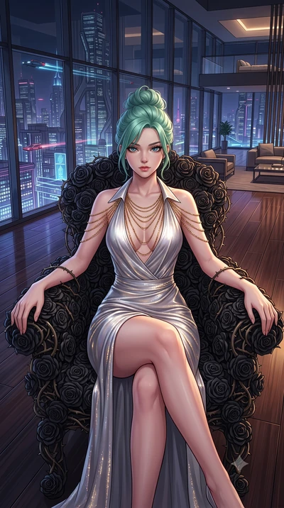 score_9, masterpiece, best quality, ultra-detailed, High-budget Anime Keyframe, East Asian woman. Low angle cowboy shot filling the entire 9:16 frame with her statuesque presence. Scenario 478: resting on a throne of black roses, thorns grazing her s