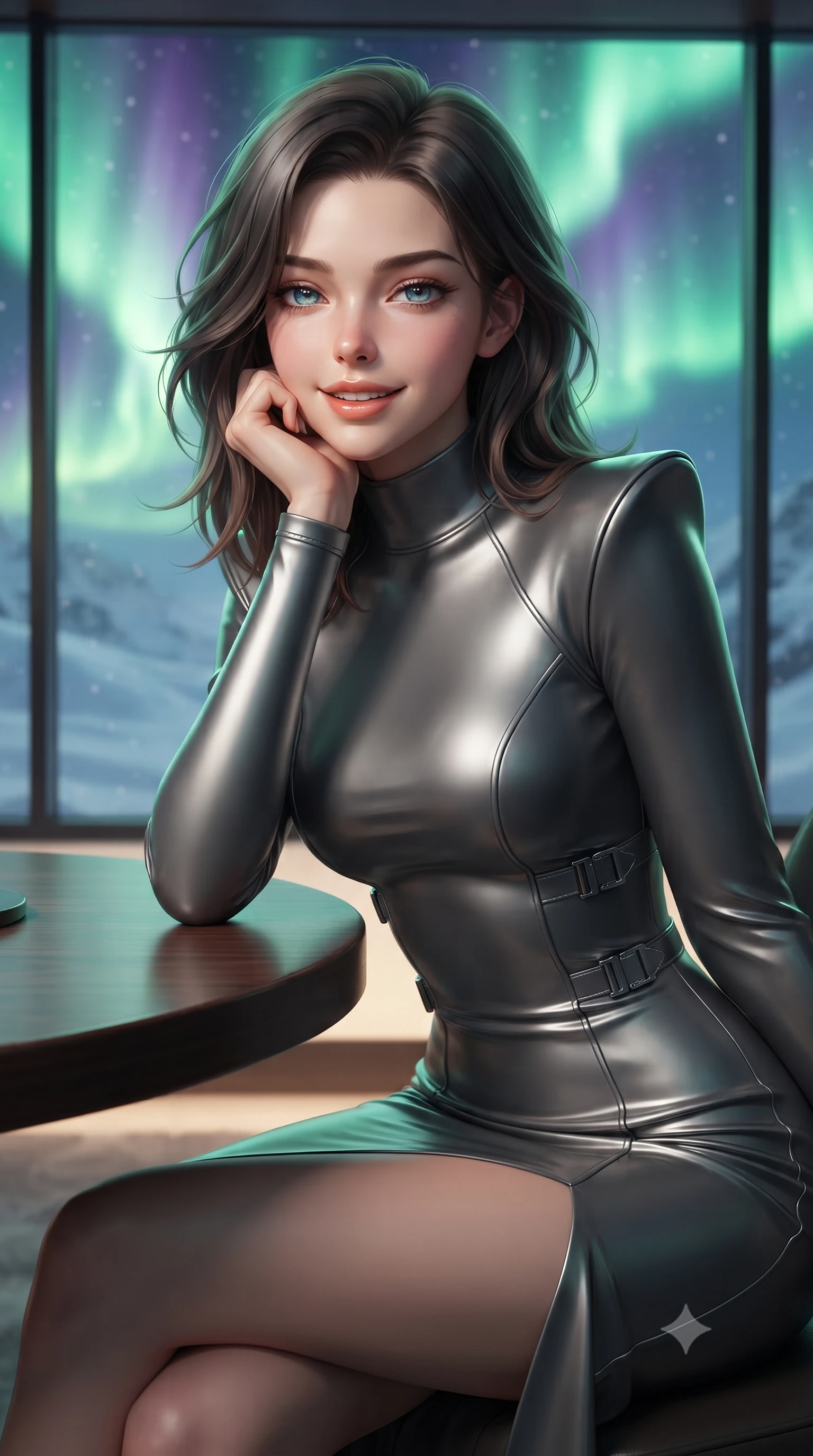 score_9, masterpiece, best quality, ultra-detailed, high-budget anime keyframe, editorial fashion photography, tasteful artistic composition, Korean woman. close-up cowboy shot from the waist and thighs up, the character dominates the composition, filling the frame with her large presence. resting one elbow on the table and supporting her chin, leaning close to the camera with heavy-lidded sparkling eyes and parted lips while twisting her slender torso in an alluring S-curve, celestial green and violet auroral waves playing across her flat midriff and hourglass curves. The background shows a soft-focus fine wind-whipped powder snow softened in high-altitude mountain outpost shallow focus. She has an exceptionally elegant, slender, and willowy female figure with an ultra-slim waist, flat toned midriff, narrow ribcage, and sculpted feminine hips creating an alluring, slim hourglass silhouette without bulk. sharp v-shaped jawline, high-bridge nose, intricate jewel-like sparkling eyes with depth, thick eyelashes, glossy parted lips with a natural peach sheen, bright cheerful beaming smile with an enchanting and coquettish sensual glint, exuding both youthful cute charm and seductive allure, flawlessly proportioned anatomical accuracy, strict slender model proportions, natural body alignment, perfectly sculpted long slender limbs, ultra-slim waistline, clean dynamic posture without body distortion. wearing a body-hugging liquid mercury jersey combat gown with high mock neck and structured shoulder pads clinging flawlessly to her silhouette in liquid mercury chrome and stealth charcoal, crafted from bespoke double-faced cashmere with an exceptionally soft tactile finish, finished with sleek magnetic buckle closures fluttering in the breeze, the impeccably tailored cut draping gracefully along her slender figure with aristocratic poise. bathed in the natural undulating luminescence of polar auroras contrasted with warm 2500K dome interior cove lighting. ultra-reflective glossy finish, specular highlights, rich textural contrasts, high-contrast stereoscopic depth, volumetric dynamic lighting, 2k, ultra detail, master piece, 9:16 ratio