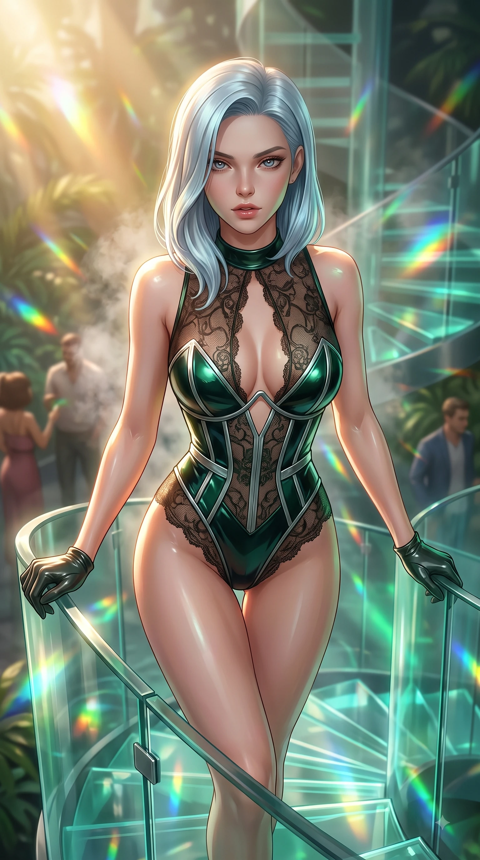 score_9, masterpiece, best quality, ultra-detailed, high-budget anime keyframe, editorial fashion photography, tasteful artistic composition, Korean woman. close-up cowboy shot from the waist and thighs up, the character dominates the composition, filling the frame with her large presence, background elements kept in soft focus. Leaning forward gracefully with lips parted, casting a smoldering magnetic gaze directly into the lens while ascending a vertical glass spiral staircase enveloped by tropical volumetric sunbeams, steam clouds refracting sunlight into brilliant rainbow prisms around her form. She has an exceptionally elegant, slender, and willowy female figure with an ultra-slim waist, a gracefully sculpted slender torso, and a refined silhouette. sharp v-shaped jawline, high-bridge nose, intricate jewel-like eyes with depth, thick eyelashes, glossy lips with a natural sheen, flawlessly proportioned anatomical accuracy, natural body alignment, perfectly sculpted elegant limbs, clean dynamic posture without body distortion. wearing a sheer dark lace pattern bodysuit with structured corsetry boning in deep emerald green and silver accent, tailored from high-gloss patent leather, accented with a Tasteful chest slit framing her clavicle gracefully, the glove-like fit emphasizing her statuesque silhouette during motion. bathed in warm golden sunlight and soft emerald bioluminescent glow. ultra-reflective glossy finish, specular highlights, metallic sheen, high-contrast stereoscopic depth, volumetric dynamic lighting, 2k, ultra detail, master piece, 9:16 ratio
