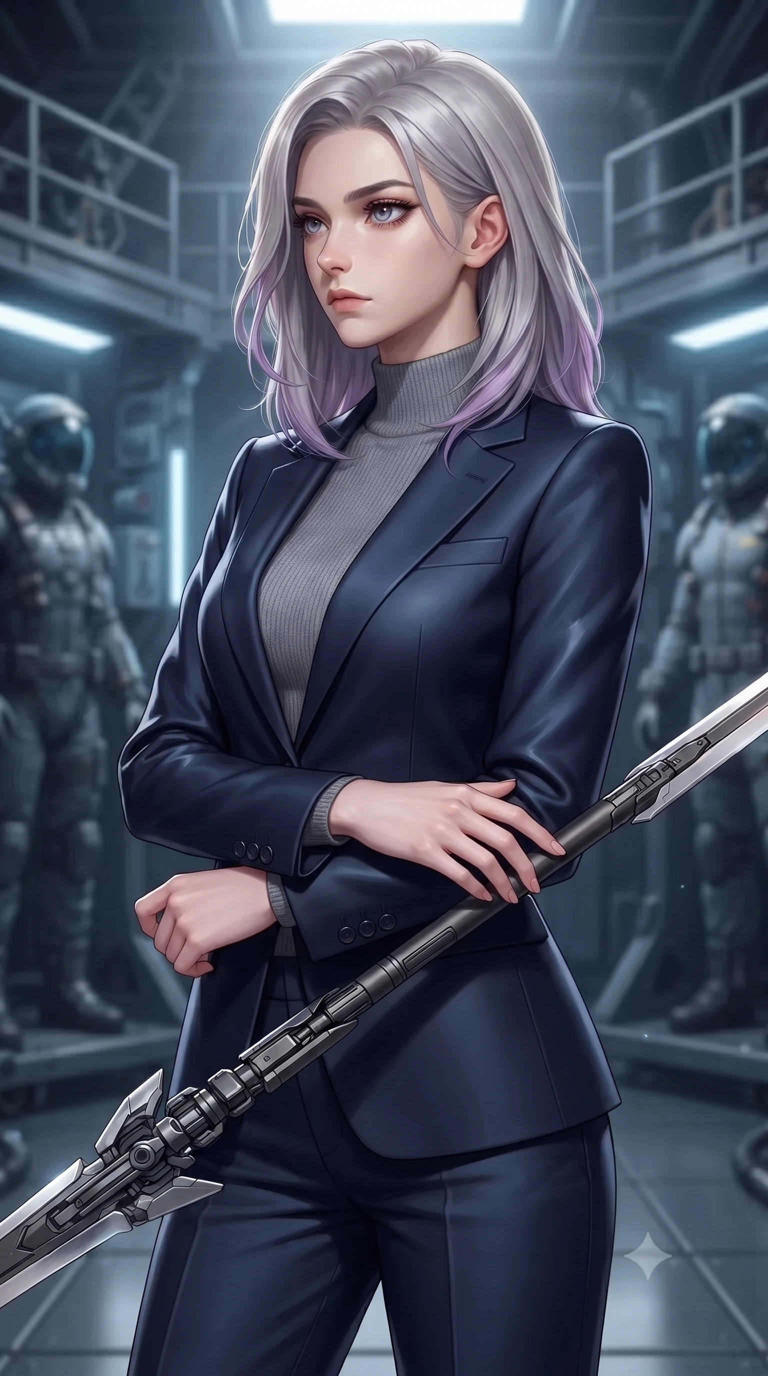 score_9, masterpiece, best quality, ultra-detailed, high-budget anime keyframe, editorial fashion photography, tasteful artistic composition, Caucasian woman. close-up cowboy shot from the waist and thighs up, the character dominates the composition, filling the frame with her large presence, background elements kept in soft focus. holding a deactivated nanotech glaive, looking past the camera with quiet, sharp focus and a composed expression, the background shows a soft-focus a secret underwater hangar bay with steel scaffolds and diving armor suits. She has an exceptionally elegant, slender, and willowy female figure with an ultra-slim waist, a gracefully sculpted slender torso, and a refined silhouette. sharp v-shaped jawline, high-bridge nose, intricate jewel-like eyes with depth, thick eyelashes, glossy lips with a natural sheen. wearing a tailored tailored carbon-fiber reinforced blazer in navy blue, worn closed over a high-neck grey knit top and slacks. focused white halogen spotlights casting sharp, detailed shadows across her build. ultra-reflective glossy finish, specular highlights, metallic sheen, high-contrast stereoscopic depth, volumetric dynamic lighting, 2k, ultra detail, master piece, 9:16 ratio