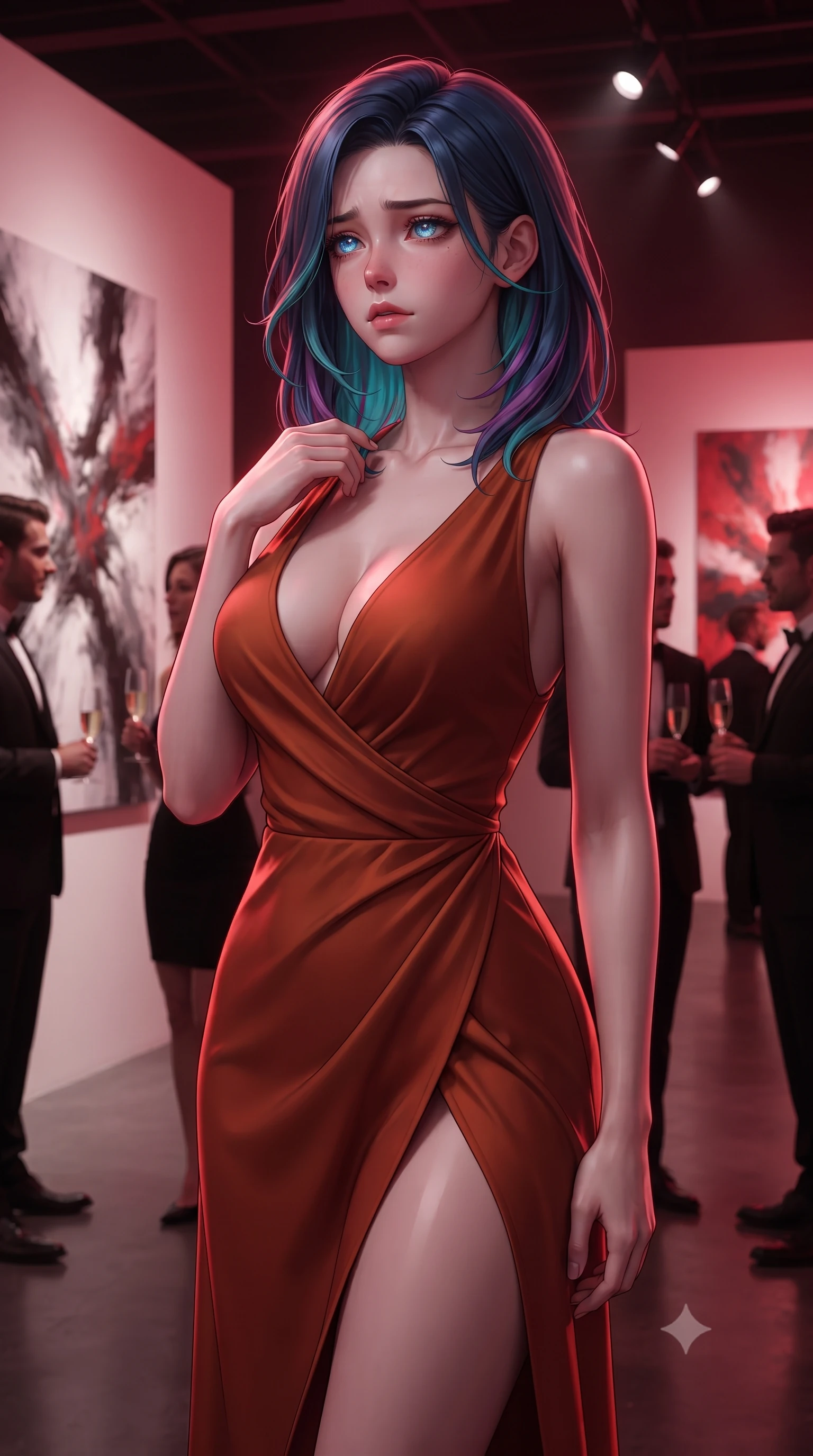 score_9, masterpiece, best quality, ultra-detailed, high-budget anime keyframe, editorial fashion photography, tasteful artistic composition, Caucasian woman, strictly human ears. close-up cowboy shot from the waist and thighs up, the character dominates the composition, filling the frame with her large presence, background elements kept in soft focus. Gazing into the distance with a wistful melancholic expression and softly glowing eyes. set against a soft-focus background of a prestigious contemporary art gallery on opening night with stark white walls displaying dramatic large-scale paintings elegant guests visible in soft focus and champagne flutes catching focused gallery lighting. She has an exceptionally elegant and slender, willowy female figure with an ultra-slim waist, a gracefully sculpted slender torso, and a refined slim physique. sharp v-shaped jawline, high-bridge nose, intricate jewel-like eyes with depth, thick eyelashes, glossy lips with a natural sheen. wearing an asymmetric wrap-front dress in burnt orange, featuring a deep neckline and a thigh slit. deep crimson theatrical lighting with sharp specular highlights on every curve. 2k, ultra detail, master piece, 9:16 ratio