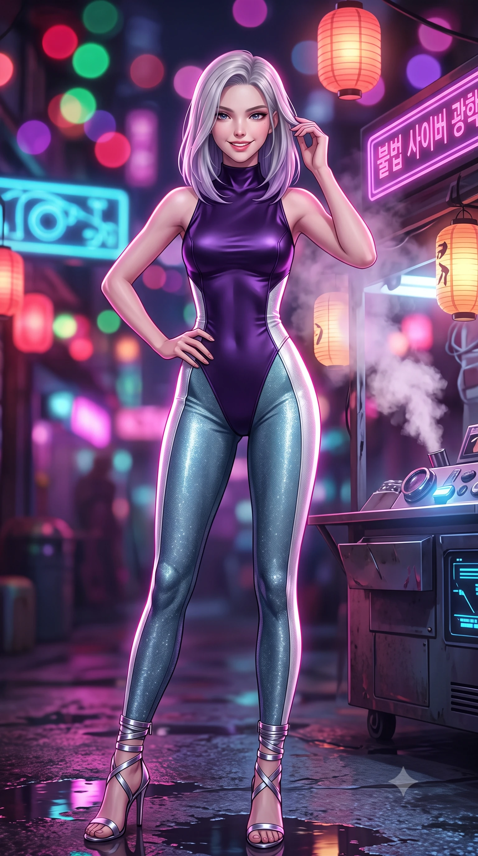 score_9, masterpiece, best quality, ultra-detailed, high-budget anime keyframe, semi-realistic 3D game render, editorial fashion photography, tasteful artistic composition, Caucasian woman. close-up cowboy shot from the waist and thighs up, the character dominates the composition, filling the frame with her large presence. twisting her slender torso in an alluring contrapposto stance, one hand resting on her sculpted hip while her fingers toy with her hair with effortless poise while leaning against the illuminated cyberware merchant stall with hips cocked back, looking through rising steam plumes with dangerous bedroom-eyes. The background shows a soft-focus glowing neon signs for illegal cyber-optics, paper lanterns retrofitted with LEDs, and dense steam vents blurred into ruby, emerald, and violet bokeh. She has an exceptionally elegant, slender, and willowy female figure with an ultra-slim waist, flat toned midriff, narrow ribcage, and sculpted feminine hips creating an alluring, slim hourglass silhouette without bulk. sharp v-shaped jawline, high-bridge nose, intricate jewel-like sparkling eyes with depth, thick eyelashes, glossy parted lips with a natural peach sheen, bright cheerful beaming smile with an enchanting and coquettish sensual glint, exuding both youthful cute charm and seductive allure, flawlessly proportioned anatomical accuracy, strict slender model proportions, natural body alignment, perfectly sculpted long slender limbs, ultra-slim waistline, clean dynamic posture without body distortion. wearing a form-fitting orbital flight command jumpsuit in dark purple liquid satin with a high collar, contouring tightly to her narrow waist and feminine hips in arctic cryo-glacier ice blue and platinum white, woven from stretch metallic lurex jersey casting radiant starlight glints across her curves, complemented by strappy stiletto sandals with metallic ankle wraps accentuating her slender calves, the liquid-tight tailored fabric clinging flawlessly to her narrow waist and rounded feminine hips, emphasizing every millimeter of her sculpted slim hourglass curves without any bulky heaviness. illuminated by puddle reflection bounce and sharp neon-pink rim lights sculpting her jawline, narrow waist, and curvy hips. highly saturated vibrant anime colors, detailed shading with soft gradients, rich glossy textures, high-contrast stereoscopic depth, volumetric dynamic lighting, master piece, 9:16 ratio