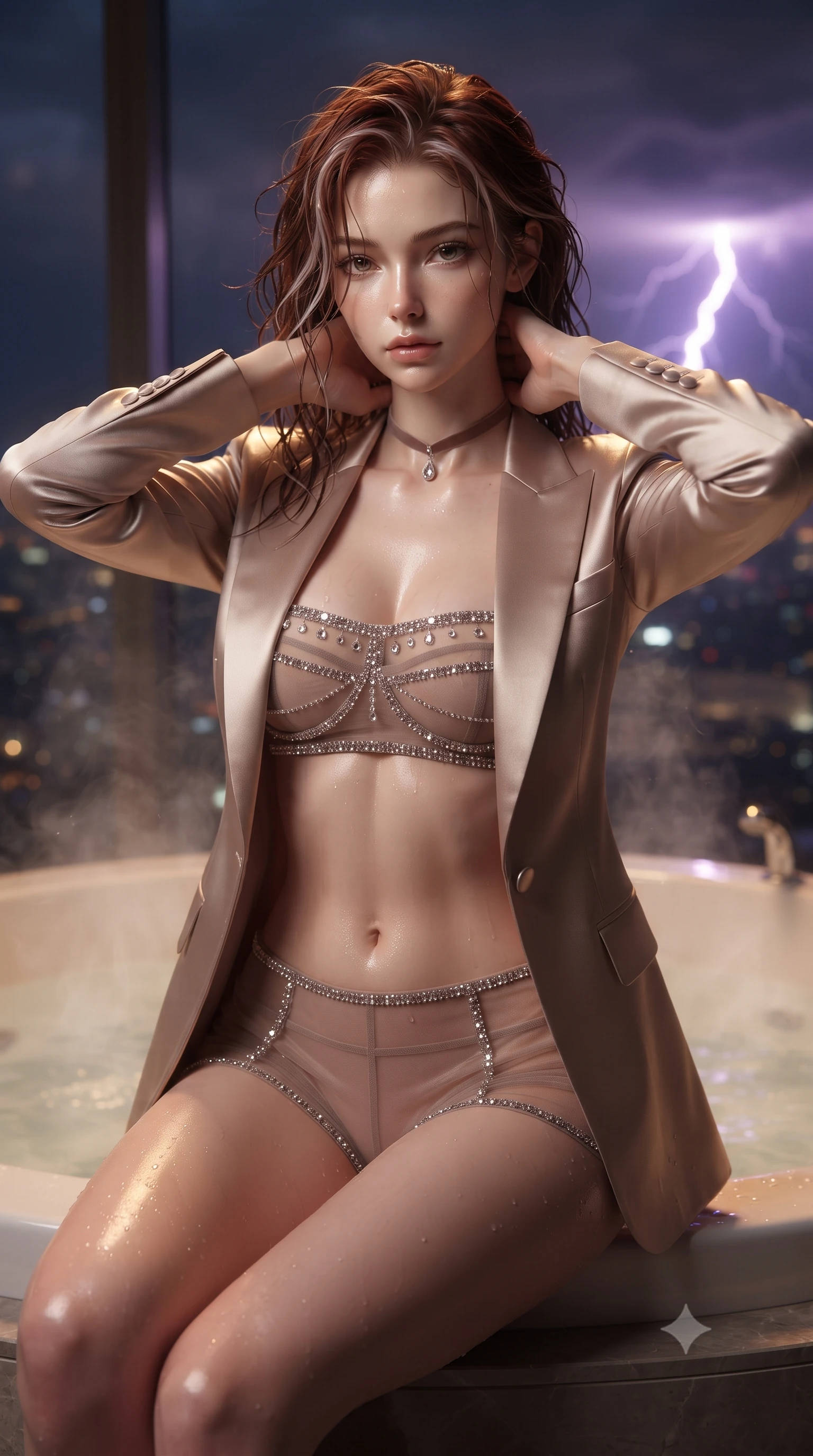 score_9, masterpiece, best quality, ultra-detailed, high-budget anime keyframe, editorial fashion photography, tasteful artistic composition, Caucasian woman. close-up cowboy shot from the waist and thighs up, the character dominates the composition, filling the frame with her large presence. resting both hands lightly behind her neck with elbows raised, arching her spine to highlight her narrow waist, flat midriff, and breathtaking collarbones while sitting in the steaming open-air glass jacuzzi cantilevered eighty-five floors up, arching her back with breathtaking wet-look siren grace. The background shows a soft-focus jacuzzi acrylic rim softened in dramatic high-altitude shallow focus. She has an exceptionally elegant, slender, and willowy female figure with an ultra-slim waist, flat toned midriff, narrow ribcage, and sculpted feminine hips creating an alluring, slim hourglass silhouette without bulk. sharp v-shaped jawline, high-bridge nose, sparkling eyes with hypnotic seductive depth, thick curled eyelashes, glossy parted lips with a natural dewy peach sheen, alluring bedroom-eyes with an enchanting coquettish smile, exuding magnetic siren charisma and sophisticated glamour, flawlessly proportioned anatomical accuracy, strict slender model proportions, natural body alignment, perfectly sculpted long slender limbs, ultra-slim waistline, clean dynamic posture without body distortion. wearing a tailored open-front satin smoking jacket worn over a jewel-embellished bandeau and micro-shorts in sheer dusky champagne and glistening crystal trims, tailored from fine structural neoprene with crisp architectural edges and smooth contouring, finished with a thin velvet ribbon choker and a single teardrop diamond pendant, the second-skin tailored fabric adhering flawlessly to her sculpted flat midriff and slender torso, emphasizing her long leg lines and perfectly proportioned willowy build. bathed in warm 3200K underwater tub illumination paired with sudden electric purple lightning flashes from passing clouds. ultra-reflective glossy finish, specular highlights, rich textural contrasts, high-contrast stereoscopic depth, volumetric dynamic lighting, 2k, ultra detail, master piece, 9:16 ratio
