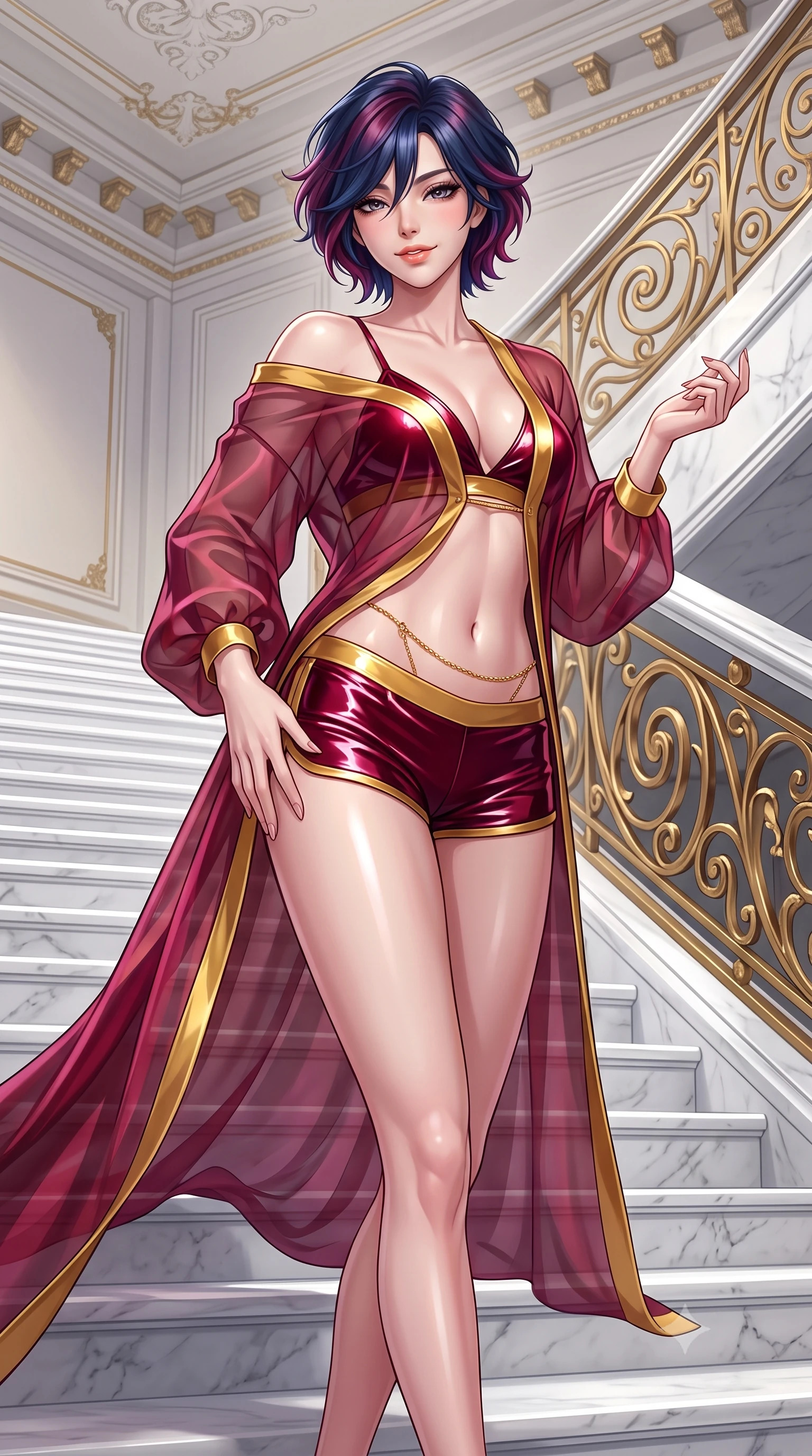 score_9, masterpiece, best quality, ultra-detailed, high-budget anime keyframe, semi-realistic 3D game render, editorial fashion photography, tasteful artistic composition, Korean woman. close-up cowboy shot from the waist and thighs up, the character dominates the composition, filling the frame with her large presence. tilting her head with a teasing half-smile, running one hand slowly down the side of her hip in a flirtatious S-curve as ambient light caresses her silhouette while paused mid-step on the monumental white Carrara marble staircase, arching her spine with sovereign supermodel presence as her train sweeps behind. The surrounding environment is rendered in vivid detail and crisp panoramic clarity: sharp white marble stair treads, intricate gilded bronze baluster scrollwork, and ceiling stucco details in deep focus. She has an exceptionally elegant, slender, and willowy female figure with an ultra-slim waist, flat toned midriff, narrow ribcage, and sculpted feminine hips creating an alluring, slim hourglass silhouette without bulk. sharp v-shaped jawline, high-bridge nose, sparkling eyes with hypnotic seductive depth, thick curled eyelashes, glossy parted lips with a natural dewy peach sheen, alluring bedroom-eyes with an enchanting coquettish smile, exuding magnetic siren charisma and sophisticated glamour, flawlessly proportioned anatomical accuracy, strict slender model proportions, natural body alignment, perfectly sculpted long slender limbs, ultra-slim waistline, clean dynamic posture without body distortion. wearing a sheer silk organza modern caftan robe worn loose and slipping off bare shoulders over a matching satin bralette and micro-shorts in Vienna imperial bordeaux and Habsburg gold, crafted from wet-look high-gloss vinyl fabric with dazzling specular surface reflections, accented with a dainty gold belly chain resting across her flat midriff and curving hips, the glove-like clinging cut tightly following the natural contour of her hips and long slender legs with youthful 8.5-heads elegance. illuminated by polished marble reflection fill and sharp platinum-gold rim lights defining her delicate clavicles, ultra-slim waist, and curvy hips. highly saturated vibrant anime colors, detailed shading with soft gradients, rich glossy textures, high-contrast stereoscopic depth, volumetric dynamic lighting, master piece, 9:16 ratio