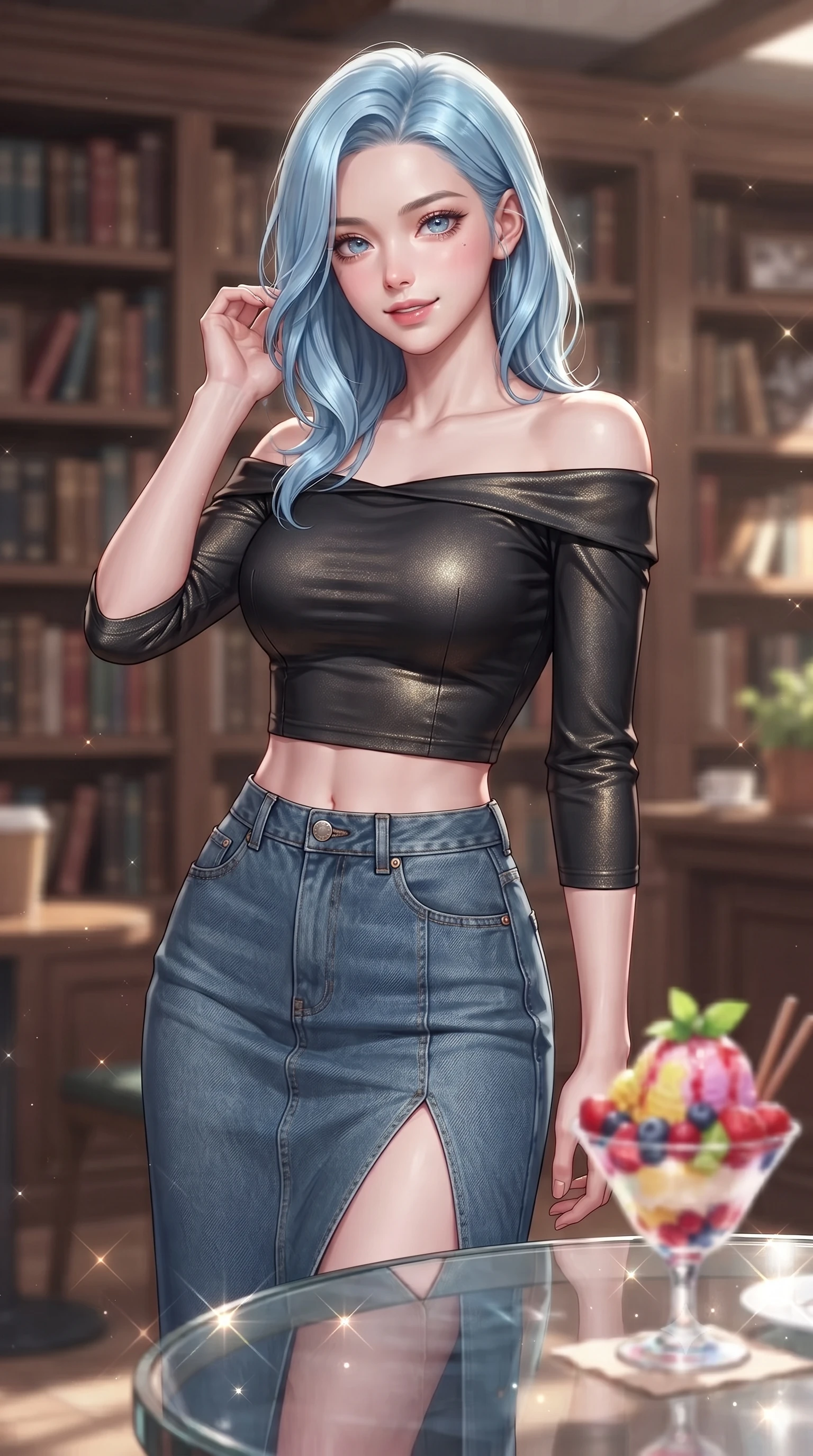 score_9, masterpiece, best quality, ultra-detailed, high-budget anime keyframe, editorial fashion photography, tasteful artistic composition, Korean woman. close-up cowboy shot from the waist and thighs up, the character dominates the composition, filling the frame with her large presence, background elements kept in soft focus. smiling cutely while gently brushing a strand of hair behind her ear set against a soft-focus background of in a cozy wooden-themed coffee shop decorated with antique bookshelf walls holding a colorful ice cream coupe with fresh berries and mint. She has an exceptionally elegant, slender, and willowy female figure with an ultra-slim waist, a gracefully sculpted slender torso, and a refined silhouette. sharp v-shaped jawline, high-bridge nose, intricate jewel-like eyes with depth, thick eyelashes, glossy lips with a natural sheen. wearing tailored stylish off-shoulder crop top paired with a high-slit denim midi skirt. bright daylight reflecting off the glass table and creating sparkling glints. ultra-reflective glossy finish, specular highlights, metallic sheen, high-contrast stereoscopic depth, volumetric dynamic lighting, 2k, ultra detail, master piece, 9:16 ratio