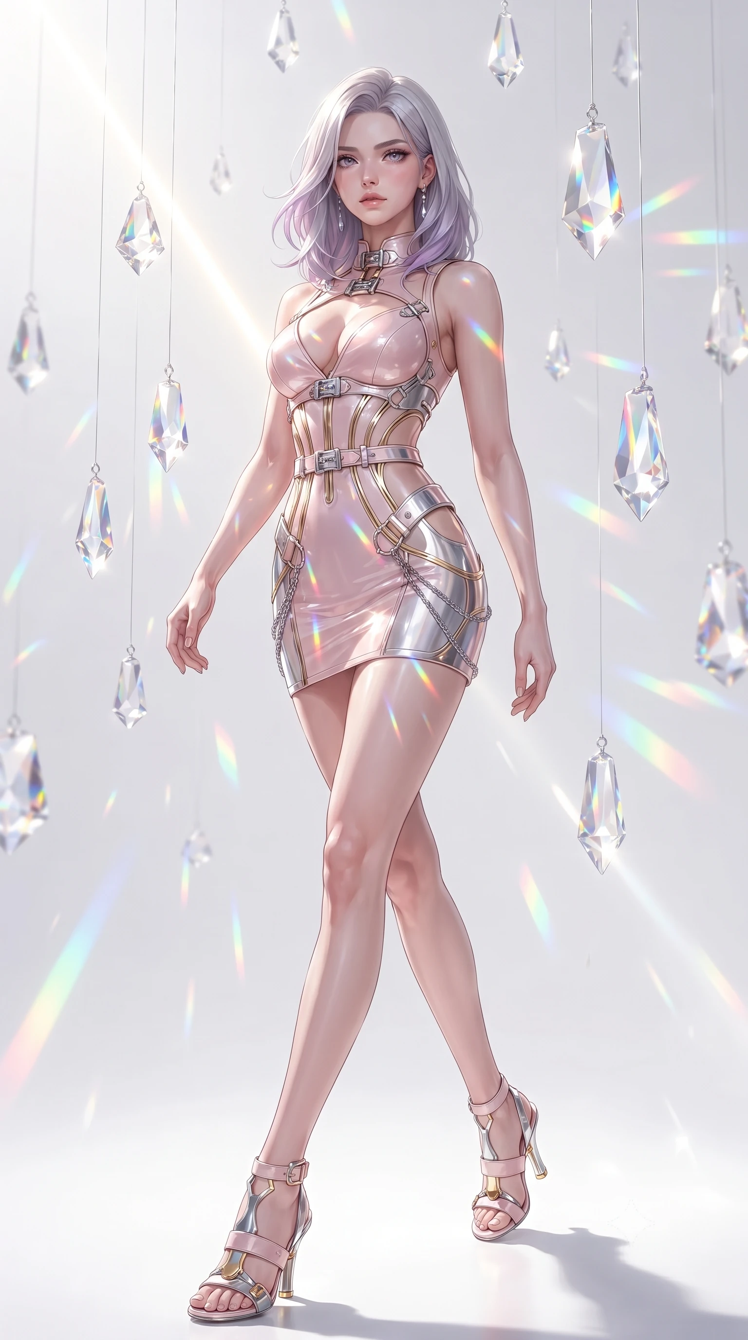 score_9, masterpiece, best quality, ultra-detailed, high-budget anime keyframe, editorial fashion photography, tasteful artistic composition, Caucasian woman. low angle full-body shot from head to toe showing her feet, filling the entire 9:16 vertical frame with her statuesque presence, stretching her vertical silhouette. stepping gracefully through the radiant environment, stretching her statuesque silhouette, resting amidst suspended crystal facets scattering rainbow dust in all directions, bright airy white background creating vivid color contrast. She has an absolutely perfect, statuesque 8.5-heads proportion, an exceptionally tall and slender model-like female figure with impossibly long slender legs and an ultra-slim waist. sharp v-shaped jawline, high-bridge nose, intricate jewel-like eyes with depth, thick eyelashes, glossy lips with a natural sheen. wearing architectural cut-out pale pink leather mini dress with sculpted gold boning in radiant platinum, made of sculpted platinum chrome, framed by polished silver buckles and delicate chain details, the fitted fabric emphasizing her ultra-slim waist. lit by a single piercing key ray splitting into vivid spectrums. ultra-reflective glossy finish, specular highlights, metallic sheen, high-contrast stereoscopic depth, volumetric dynamic lighting, 2k, ultra detail, master piece, 9:16 ratio