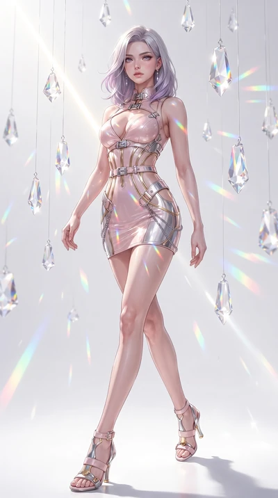score_9, masterpiece, best quality, ultra-detailed, high-budget anime keyframe, editorial fashion photography, tasteful artistic composition, Caucasian woman. low angle full-body shot from head to toe showing her feet, filling the entire 9:16 vertica