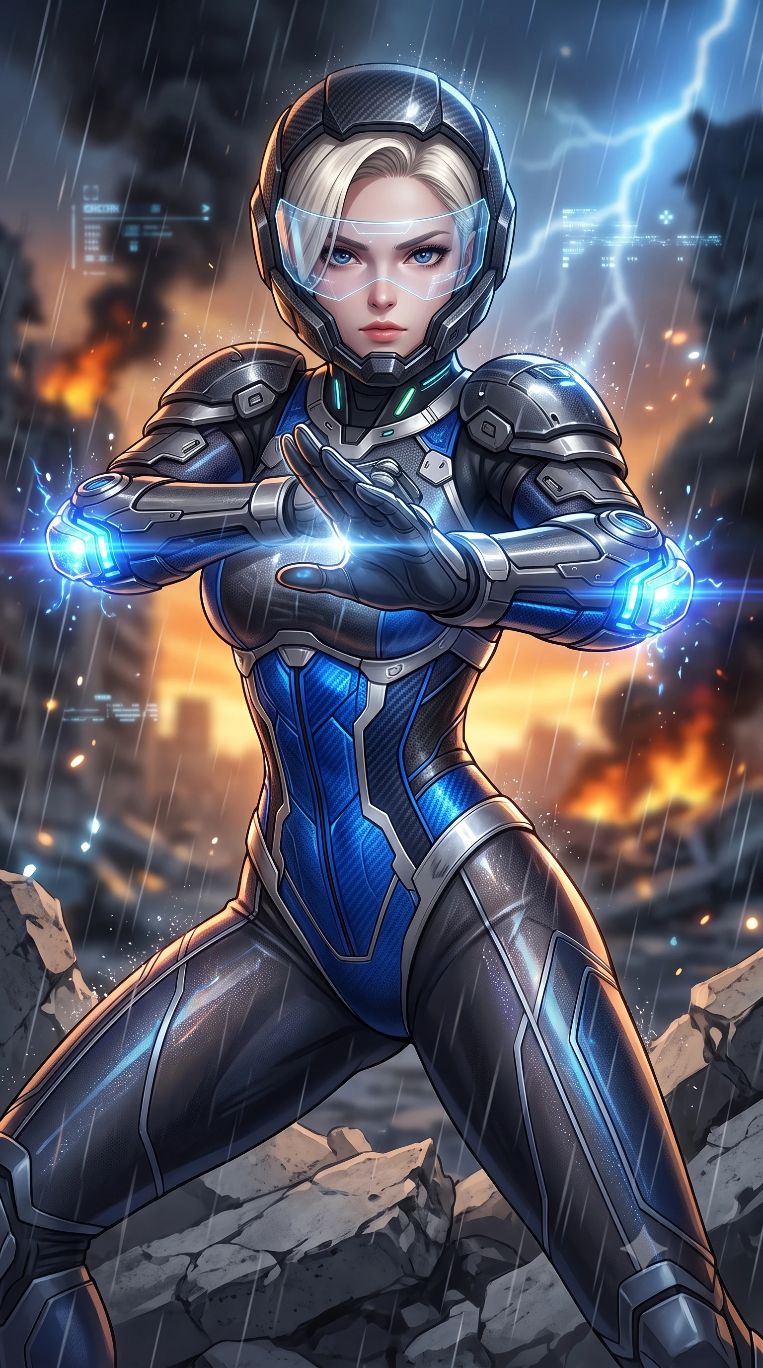score_9, masterpiece, best quality, ultra-detailed, high-budget anime keyframe, semi-realistic 3D game render, editorial fashion photography, tasteful artistic composition, Caucasian woman. close-up cowboy shot from the waist and thighs up, the character dominates the composition, filling the frame with her large presence. twisting her upper body in a dynamic S-curve martial arts stance, cybernetic elbow dampers glowing with blue energy as she aims a focused palm strike while pivoting dynamically on crumbling concrete rubble as black smoke plumes and distant emergency fires illuminate her statuesque silhouette. The composition keeps background elements in soft focus with creamy bokeh. sparkling rain streaks and HUD visor holographic glints scattering light motes across a ruined backdrop. She has an exceptionally elegant, slender, and willowy female figure with an ultra-slim waist, a gracefully sculpted slender torso, toned flat midriff, and a refined slim silhouette. sharp v-shaped jawline, high-bridge nose, intricate jewel-like eyes with depth, thick eyelashes, glossy lips with a natural sheen, fierce and resolute heroine expression, flawlessly proportioned anatomical accuracy, strict slender model proportions, natural body alignment, perfectly sculpted long slender limbs, ultra-slim waistline, clean dynamic posture without body distortion. wearing an open-face aerodynamic carbon-fiber combat helmet with a retracted transparent holographic HUD visor framing her sharp jawline and jewel-like eyes, paired with a statuesque high-fashion cyber-warrior armor suit with platinum bevels, heavy articulated shoulder guards, and an ultra-slim waist-cinching corset in electric cobalt blue carbon with brushed platinum tactical trim, crafted from semi-translucent cybernetic carbon-vinyl interwoven with glowing micro-filaments, featuring a sleek aerodynamic collar framed by subtle glowing cybernetic status LEDs, the form-contouring material adhering flawlessly to her sculpted flat midriff and slender torso, emphasizing her long leg lines and perfectly proportioned willowy build. bathed in ominous amber horizon fire glow and cold blue storm lightning flashes. rich saturated anime colors with glowing neon highlights, detailed shading with soft gradients, rich glossy textures, high-contrast stereoscopic depth, volumetric dynamic lighting, master piece, 9:16 ratio