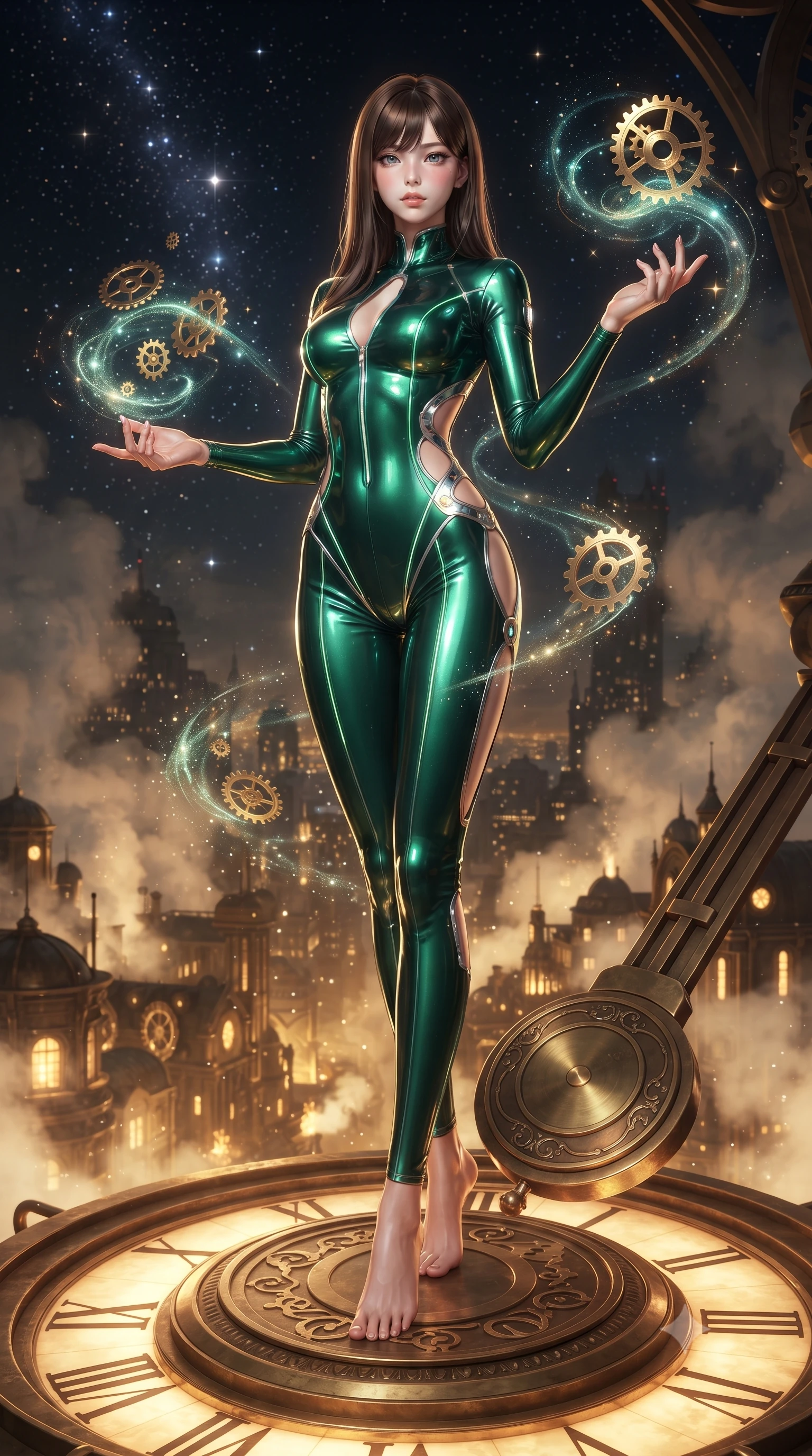 score_9, masterpiece, best quality, ultra-detailed, high-budget anime keyframe, editorial fashion photography, tasteful artistic composition, Korean woman. low angle full-body shot from head to toe showing her feet, filling the entire 9:16 vertical frame with her statuesque presence, stretching her vertical silhouette. interacting gracefully with the magical floating elements while maintaining a confident posture poised on a massive mechanical clock pendulum swinging over a golden city, distant starlight and city lights twinkling through steam clouds. She has an absolutely perfect, statuesque 8.5-heads proportion, an exceptionally tall and slender model-like female figure with impossibly long slender legs and an ultra-slim waist. sharp v-shaped jawline, high-bridge nose, intricate jewel-like eyes with depth, thick eyelashes, glossy lips with a natural sheen. wearing a skin-tight cybernetic bodysuit with glowing neon seams and side cutouts in deep emerald green and silver accent, tailored from high-gloss patent leather, accented with a Tasteful chest slit framing her clavicle gracefully, the glove-like fit emphasizing her statuesque silhouette. surrounded by warm hearth light and dramatic bronze rim highlights. ultra-reflective glossy finish, specular highlights, metallic sheen, high-contrast stereoscopic depth, volumetric dynamic lighting, 2k, ultra detail, master piece, 9:16 ratio