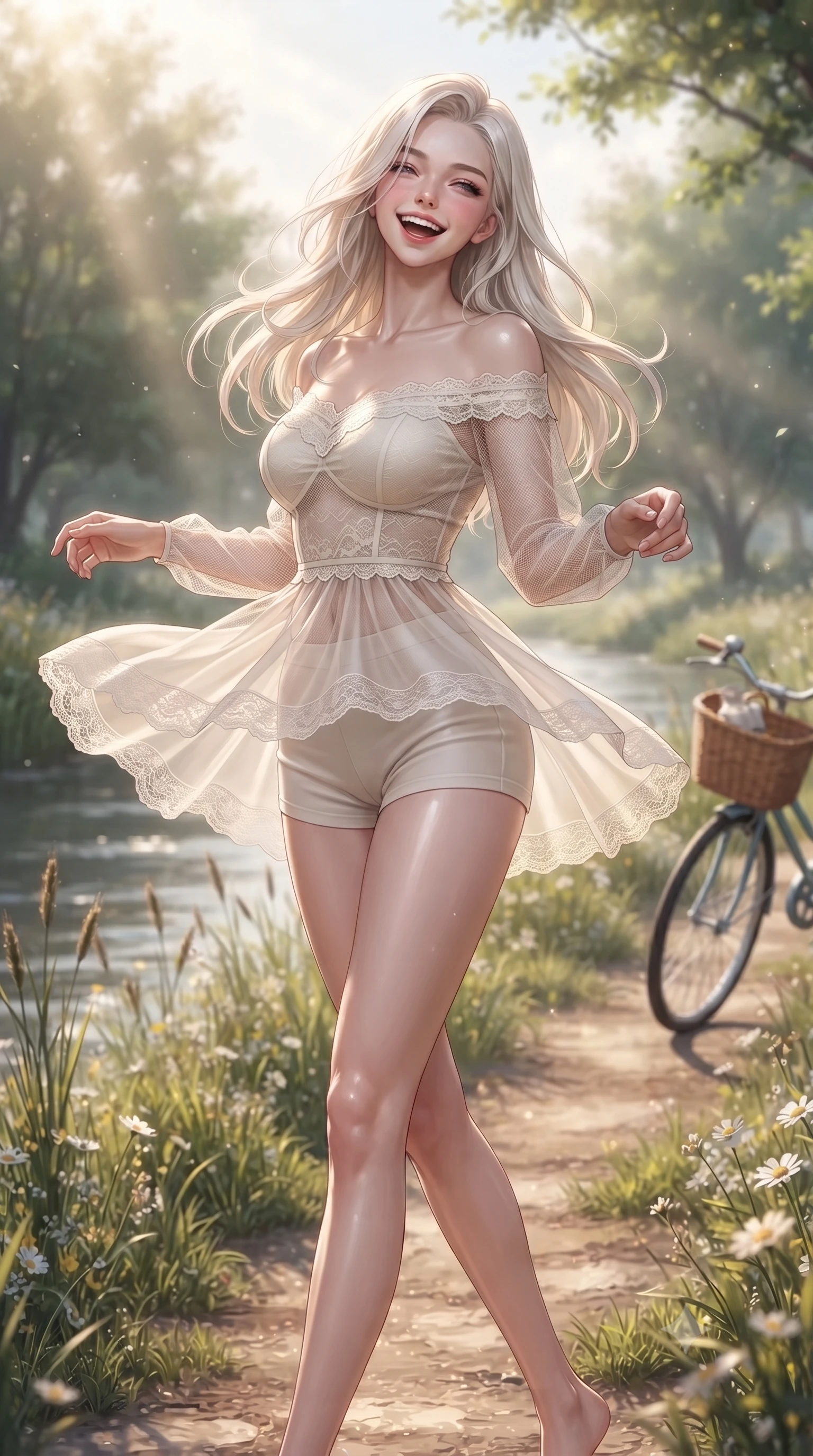 score_9, masterpiece, best quality, ultra-detailed, high-budget anime keyframe, editorial fashion photography, tasteful artistic composition, Caucasian woman. low angle full-body shot from head to toe showing her feet, filling the entire 9:16 vertical frame with her statuesque presence, stretching her vertical silhouette. twirling around with a playful, cute laugh, her skirt billowing beautifully in the air set against a soft-focus background of along a winding river path lined with reeds and wild river flowers with a bicycle and a wicker basket parked on the path behind her. She has an absolutely perfect, statuesque 8.5-heads proportion, an exceptionally tall and slender model-like female figure with impossibly long slender legs and an ultra-slim waist. sharp v-shaped jawline, high-bridge nose, intricate jewel-like eyes with depth, thick eyelashes, glossy lips with a natural sheen. wearing form-contouring delicate lace-trim off-shoulder blouse paired with a sheer mesh overlay and form-contouring mini shorts. soft afternoon sunbeams creating a peaceful, quiet country atmosphere. ultra-reflective glossy finish, specular highlights, metallic sheen, high-contrast stereoscopic depth, volumetric dynamic lighting, 2k, ultra detail, master piece, 9:16 ratio