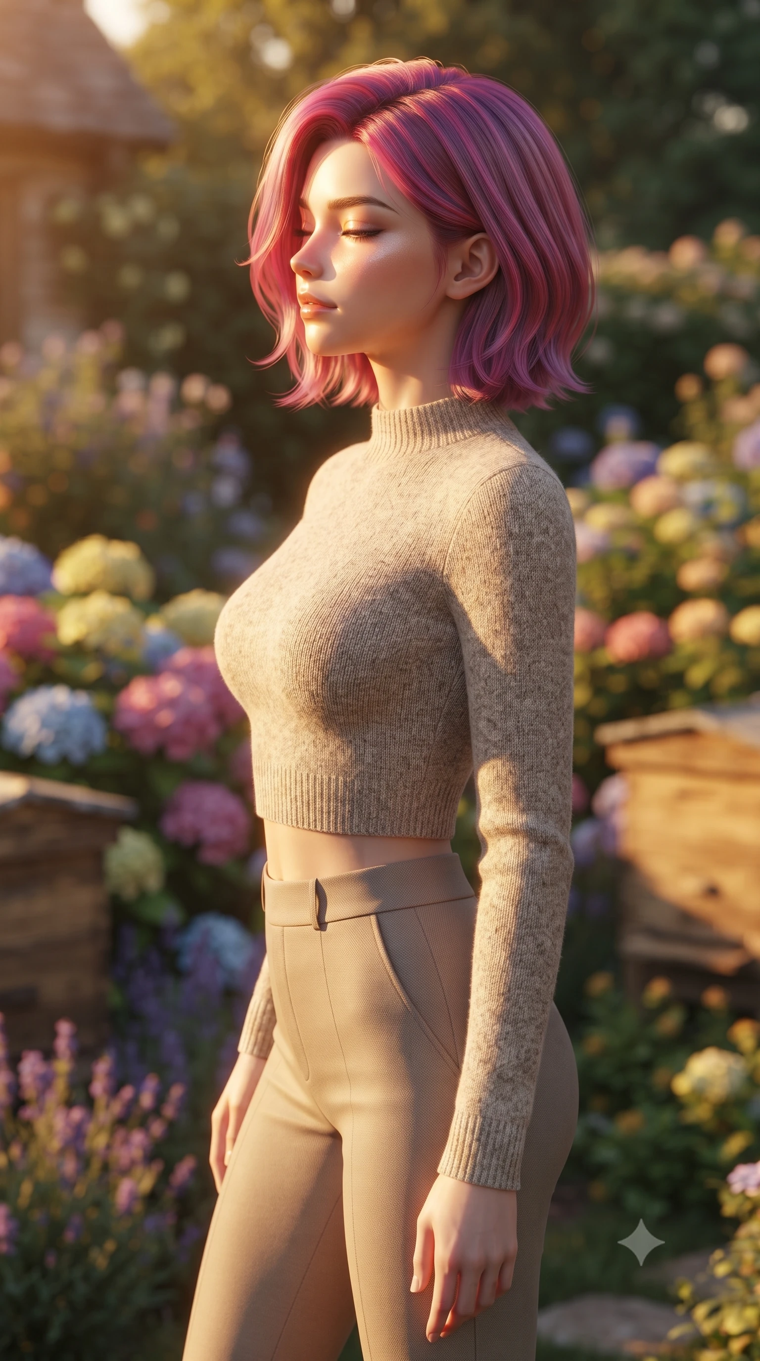 score_9, masterpiece, best quality, ultra-detailed, high-budget anime keyframe, editorial fashion photography, tasteful artistic composition, Caucasian woman woman. close-up cowboy shot from the waist and thighs up, the character dominates the composition, filling the frame with her large presence, background elements kept in soft focus. turning her face in profile to catch the warm sunlight on her cheek, eyes softly closed the background shows a soft-focus a cozy cottage garden filled with colorful hydrangeas, lavender, and wooden beehives. She has an exceptionally elegant, slender, and willowy female figure with an ultra-slim waist, a gracefully sculpted slender torso, and a refined silhouette. sharp v-shaped jawline, high-bridge nose, intricate jewel-like eyes with depth, thick eyelashes, glossy lips with a natural sheen. wearing a tailored tight-fitting crop sweater in oatmeal wool, paired with high-waisted form-fitting pants. warm golden hour afternoon light bathing the garden in warmth. ultra-reflective glossy finish, specular highlights, metallic sheen, high-contrast stereoscopic depth, volumetric dynamic lighting, 2k, ultra detail, master piece, 9:16 ratio