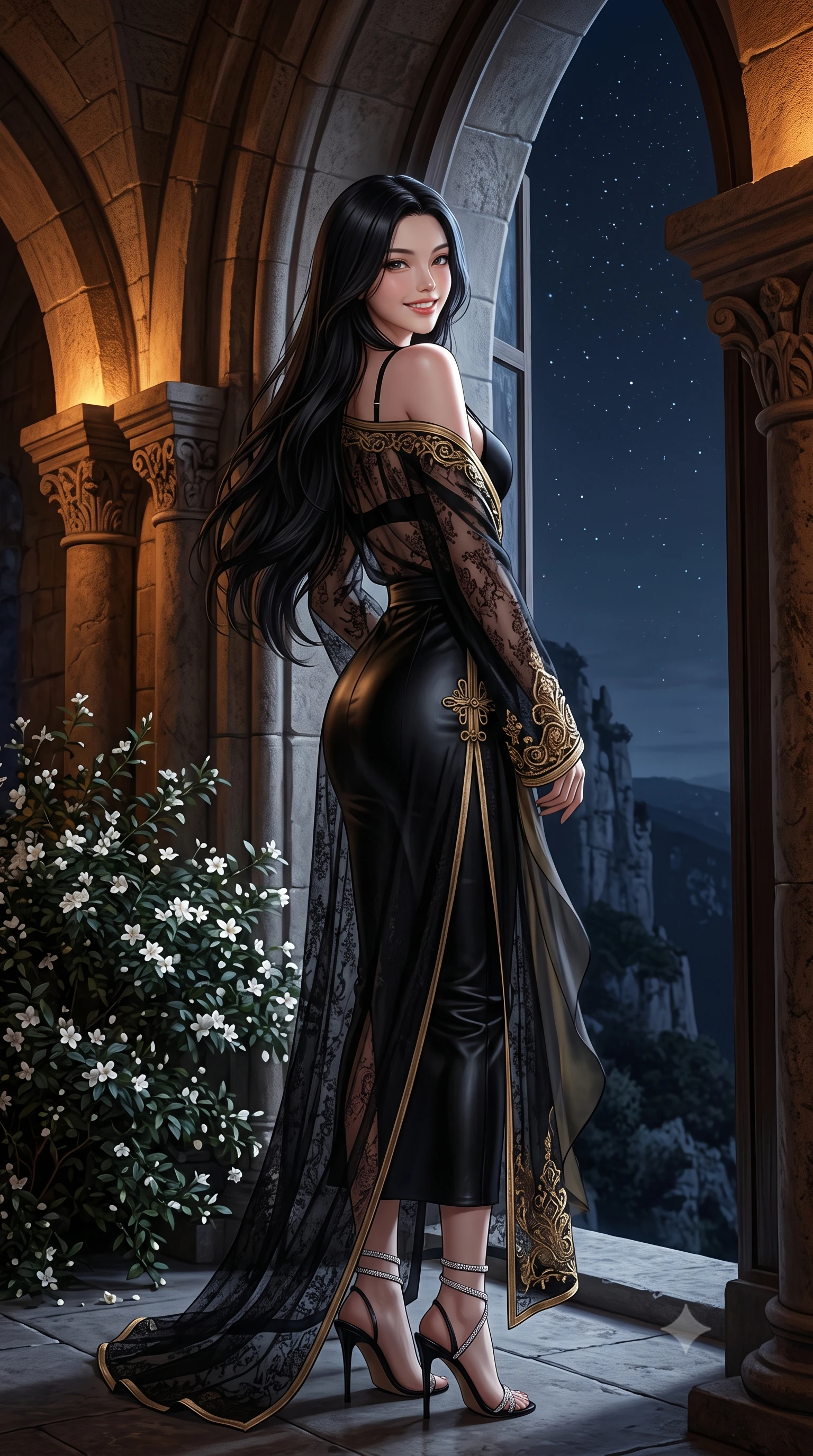 score_9, masterpiece, best quality, ultra-detailed, high-budget anime keyframe, semi-realistic 3D game render, editorial fashion photography, tasteful artistic composition, Korean woman. close-up cowboy shot from the waist and thighs up, the character dominates the composition, filling the frame with her large presence. posing in an alluring rear three-quarter angle, looking over a bare shoulder with parted glossy lips, her hips cocked back to highlight her slim hourglass curve while standing poised on the weathered teak deck at the edge of the wild red sandstone cliff, arching her spine with high-fashion ease as nocturnal ocean winds whip her gown. The background shows a soft-focus towering sea cliffs of red sandstone plunging into foaming Atlantic waters, wild coastal heather moorland, and starry sky blurred into crimson, sapphire, and diamond bokeh. She has an exceptionally elegant, slender, and willowy female figure with an ultra-slim waist, flat toned midriff, narrow ribcage, and sculpted feminine hips creating an alluring, slim hourglass silhouette without bulk. sharp v-shaped jawline, high-bridge nose, intricate jewel-like sparkling eyes with depth, thick eyelashes, glossy parted lips with a natural peach sheen, bright cheerful beaming smile with an enchanting and coquettish sensual glint, exuding both youthful cute charm and seductive allure, flawlessly proportioned anatomical accuracy, strict slender model proportions, natural body alignment, perfectly sculpted long slender limbs, ultra-slim waistline, clean dynamic posture without body distortion. wearing an alluring plunging sweetheart bustier dress with sheer mesh side-waist cutouts contouring her ribs in Luberon lavender purple and Provençal limestone cream, crafted from stretch micro-mesh with liquid foil coating that shimmers with every movement, finished with scalloped eyelash lace trim framing her sweetheart neckline with intimate elegance, the bespoke structured tailoring following the natural line of her 8.5-heads silhouette with refined elegance. illuminated by deck wood reflection bounce and sharp copper-gold rim lights sculpting her jawline, narrow waist, and curvy hips. highly saturated vibrant anime colors, detailed shading with soft gradients, rich glossy textures, high-contrast stereoscopic depth, volumetric dynamic lighting, master piece, 9:16 ratio