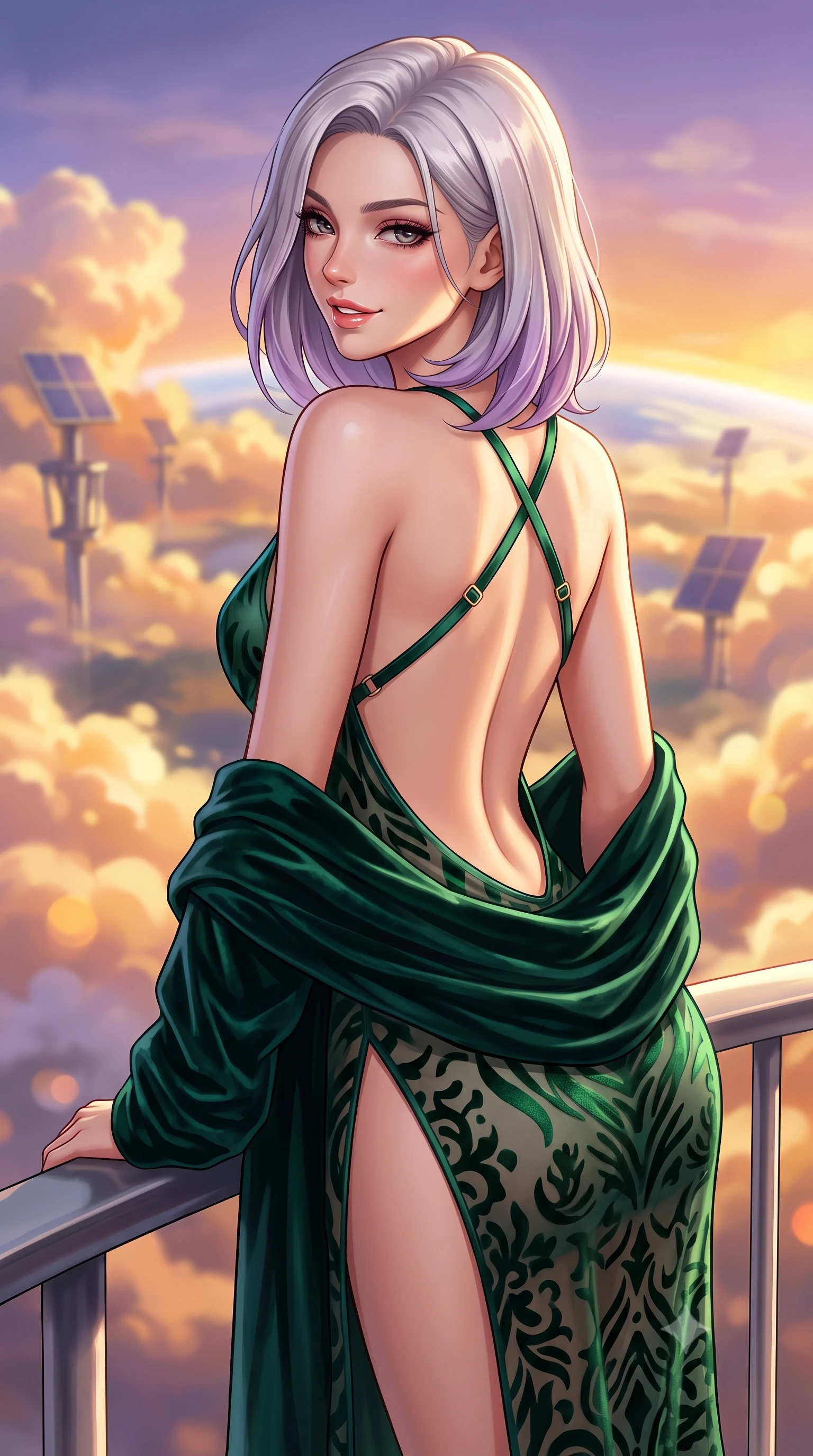 score_9, masterpiece, best quality, ultra-detailed, high-budget anime keyframe, semi-realistic 3D game render, editorial fashion photography, tasteful artistic composition, Caucasian woman. close-up cowboy shot from the waist and thighs up, the character dominates the composition, filling the frame with her large presence. turning over a bare shoulder with an intoxicating, teasing smile, her soft hair framing her sharp jawline as her hips angle gracefully while perching on the cantilevered titanium terrace railing 10,000 meters above sea level, arching her lower back as golden sunset clouds stretch endlessly to the curved horizon. The composition keeps background elements in soft focus with creamy bokeh. billowing sunset cumulus clouds and floating solar collector pylons blurred into molten gold, apricot, and lavender bokeh. She has an exceptionally elegant, slender, and willowy female figure with an ultra-slim waist, flat toned midriff, narrow ribcage, and sculpted feminine hips creating an alluring, slim hourglass silhouette without bulk. sharp v-shaped jawline, high-bridge nose, intricate jewel-like eyes with depth, thick eyelashes, glossy parted lips with a natural sheen, intensely captivating and seductive bedroom-eyes expression, flawlessly proportioned anatomical accuracy, strict slender model proportions, natural body alignment, perfectly sculpted long slender limbs, ultra-slim waistline, clean dynamic posture without body distortion. wearing a backless cowl-neck satin slip dress featuring high-cut side hip slits and delicate criss-cross back straps in deep emerald green satin and gold hardware, made of sheer contouring power-mesh with velvet flocking patterns, complemented by a plush velvet shawl draped loosely over her elbows, the dramatically scooped open back descending to the base of her spine, accentuating her razor-sharp statuesque lines and slim hourglass silhouette. illuminated by warm white composite floor bounce fill sharply sculpting her razor-sharp jawline, narrow waist, and curvy hips. highly saturated vibrant anime colors, detailed shading with soft gradients, rich glossy textures, high-contrast stereoscopic depth, volumetric dynamic lighting, master piece, 9:16 ratio