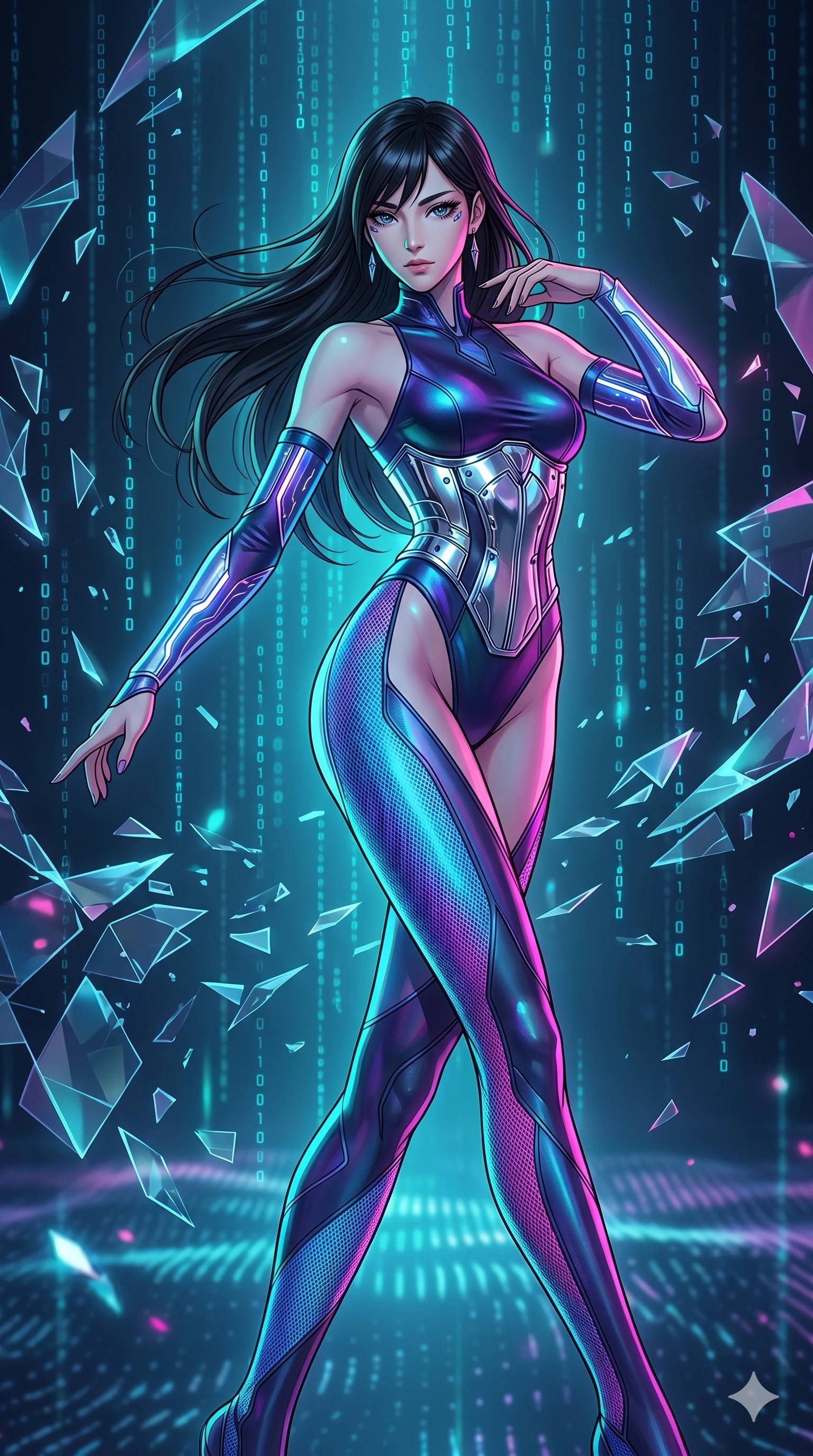 score_9, masterpiece, best quality, ultra-detailed, high-budget anime movie keyframe, cinematic anime lighting, intricate line art, Japanese woman. Low angle cowboy shot filling the entire 9:16 frame with her statuesque presence. dancing with data-shards in a minimalist digital void with holographic rain. She has an absolutely perfect 8-heads proportion, an exceptionally tall and slender female figure with an ultra-slim waist and impossibly long slender legs. sharp v-shaped jawline, high-bridge nose, intricate jewel-like eyes, thick eyelashes, glossy lips. Wearing asymmetrical high-cut tech-bodysuit with detached glowing sleeves, chrome-plated mechanical corset, and bioluminescent mesh panels clinging to her slender figure. The scene is illuminated by dramatic atmospheric lighting and vibrant color palettes. , 2k, ultra detail, master piece, 9:16 ratio