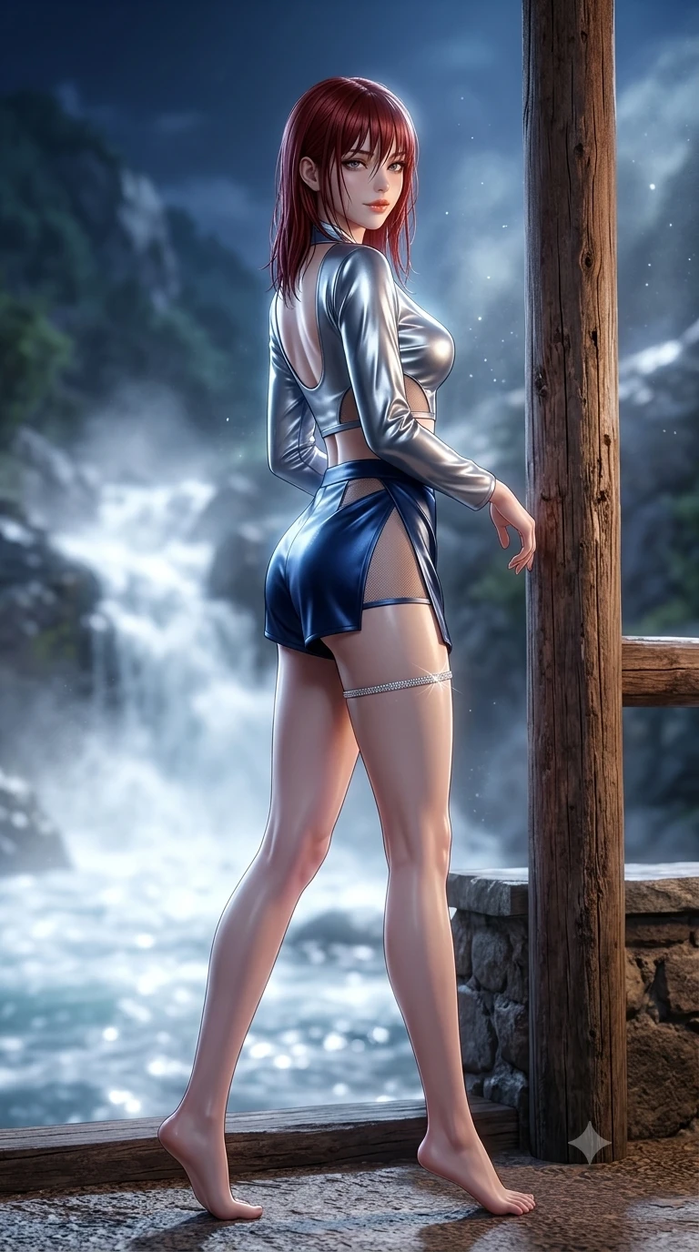 score_9, masterpiece, best quality, ultra-detailed, high-budget anime keyframe, semi-realistic 3D game render, editorial fashion photography, tasteful artistic composition, Caucasian woman. low angle full-body shot from head to toe showing her feet, filling the entire 9:16 vertical frame with her statuesque presence, stretching her vertical silhouette. walking along the waterfront terrace with poise, looking back over her bare shoulder with an irresistible smoldering bedroom-gaze while leaning against the rustic pine post with hips cocked back, looking through dark wet strands of hair with smoldering bedroom-eyes. The background shows a soft-focus wild mountain ravine softened in natural landscape shallow focus. She has an absolutely perfect, statuesque 8.5-heads proportion, an exceptionally tall and slender model-like female figure with impossibly long slender legs, an ultra-slim waist, a flat toned midriff, narrow delicate ribcage, and beautifully sculpted feminine hips creating a graceful, slim hourglass silhouette without any bulky heaviness. sharp v-shaped jawline, high-bridge nose, sparkling eyes with hypnotic seductive depth, thick curled eyelashes, glossy parted lips with a natural dewy peach sheen, alluring bedroom-eyes with an enchanting coquettish smile, exuding magnetic siren charisma and sophisticated glamour, flawlessly proportioned anatomical accuracy, strict slender model proportions, natural body alignment, perfectly sculpted long slender limbs, ultra-slim waistline, clean dynamic posture without body distortion. wearing a liquid-look silk satin jeogori crop top with low-back scoop paired with high-slit wrap mini shorts in metallic liquid silver and deep sapphire navy, featuring strategic sheer-illusion micro-mesh cutouts along her ribcage and hip flanks, accented with a delicate crystal-encrusted thigh garter strap glinting under the lights, the bespoke structured tailoring following the natural line of her 8.5-heads silhouette with refined elegance. bathed in luminous moonlight reflecting off roaring white water cascades and misty spray. highly saturated vibrant anime colors, detailed shading with soft gradients, rich glossy textures, high-contrast stereoscopic depth, volumetric dynamic lighting, master piece, 9:16 ratio